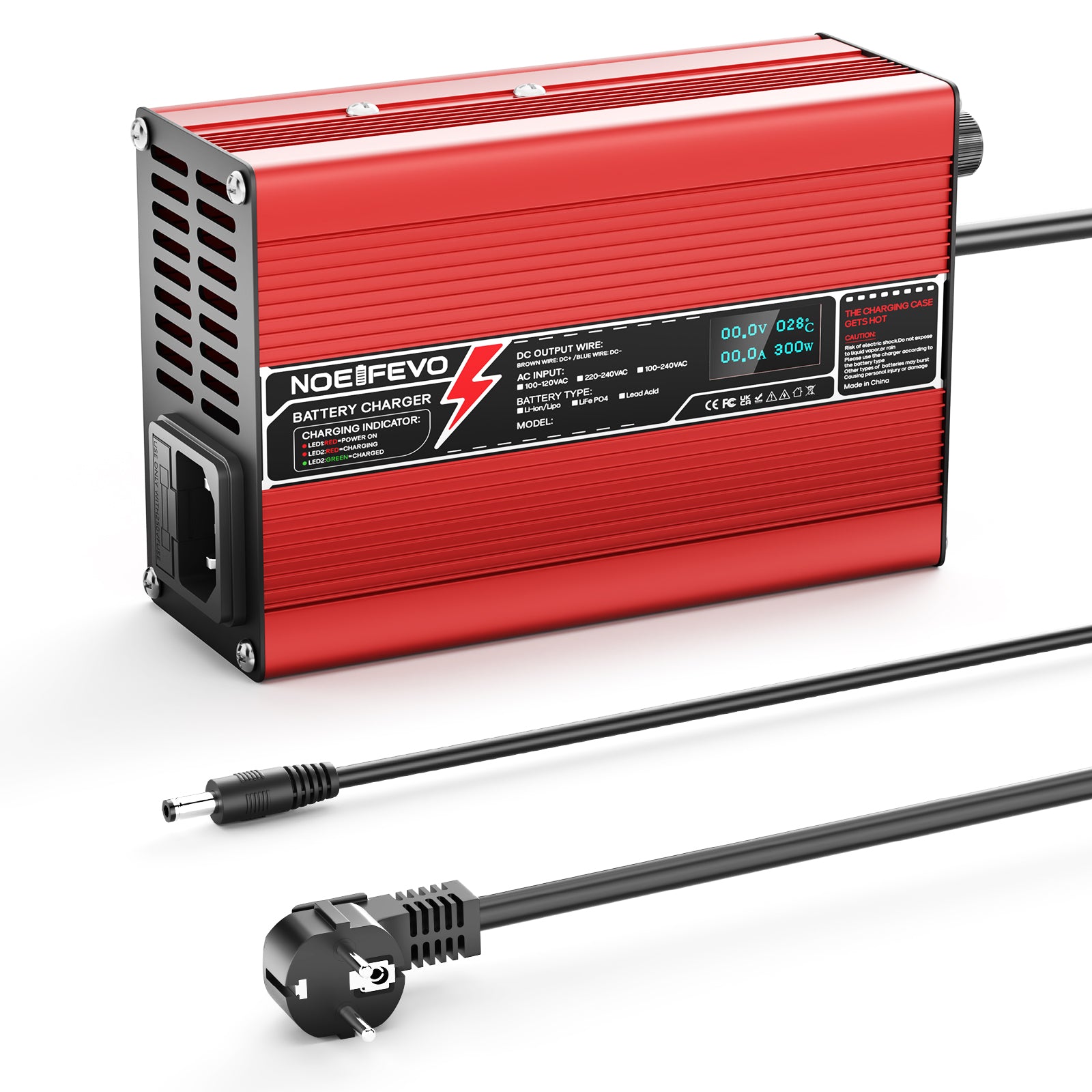 NOEIFEVO 29.2V 5A LiFePO4 batterijlader voor 8S 24V 25.6V LiFePO4 batterij, koelventilator, automatische uitschakeling (ROOD)