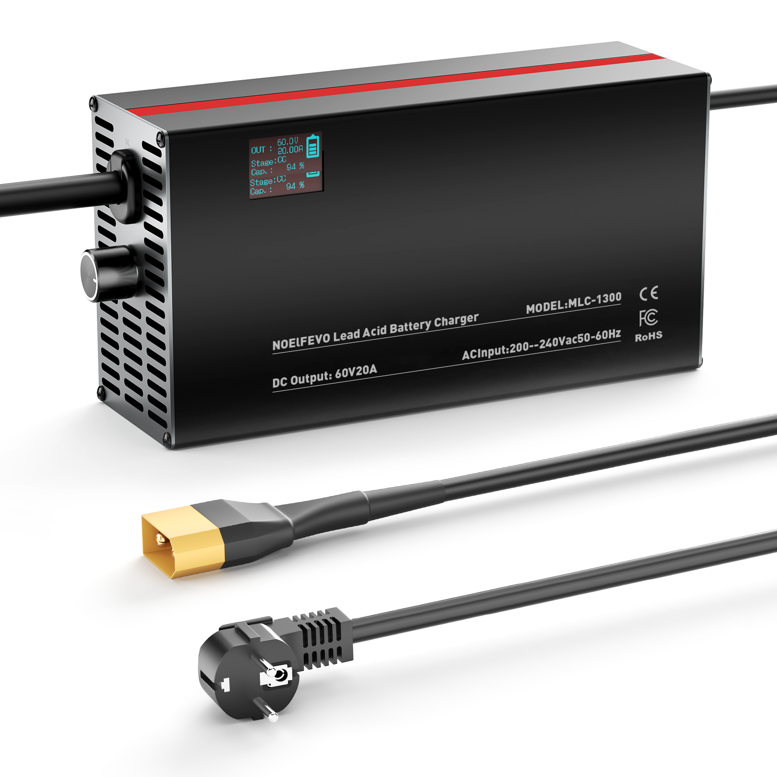 NOEIFEVO 60V 2A-20A Ström Justerbart Batteriladdare för Bly-Syra-Batterier, AGM, Gel, Golfvagns-Batteriladdare, LED-Display