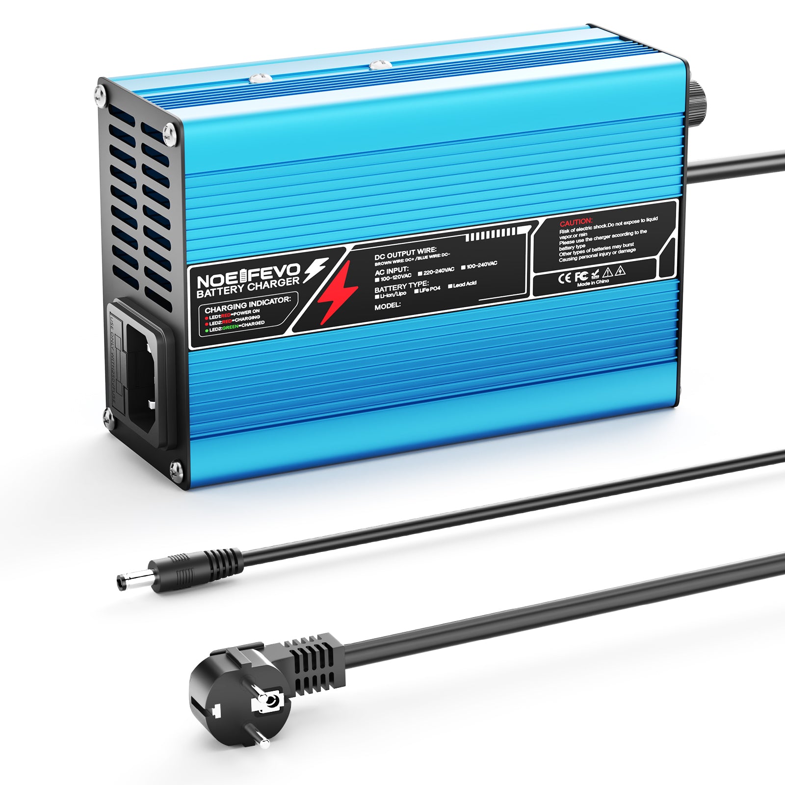 NOEIFEVO 54.6V 2A 2.5A 3A lithiumová nabíječka pro 13S 48.1V Li-Ion Lipo baterie, chladicí ventilátor, automatické vypnutí（BLUE）