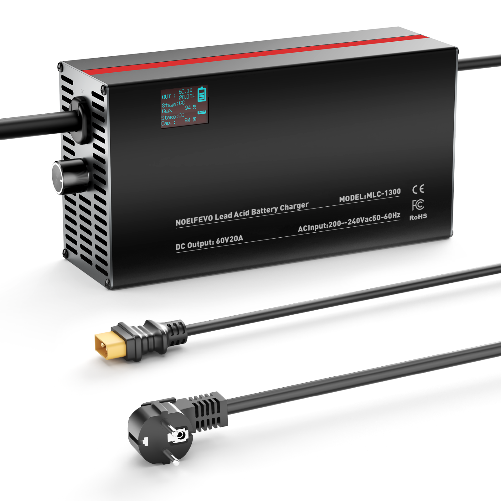 NOEIFEVO 60V 2A-20A Ström Justerbart Batteriladdare för Bly-Syra-Batterier, AGM, Gel, Golfvagns-Batteriladdare, LED-Display