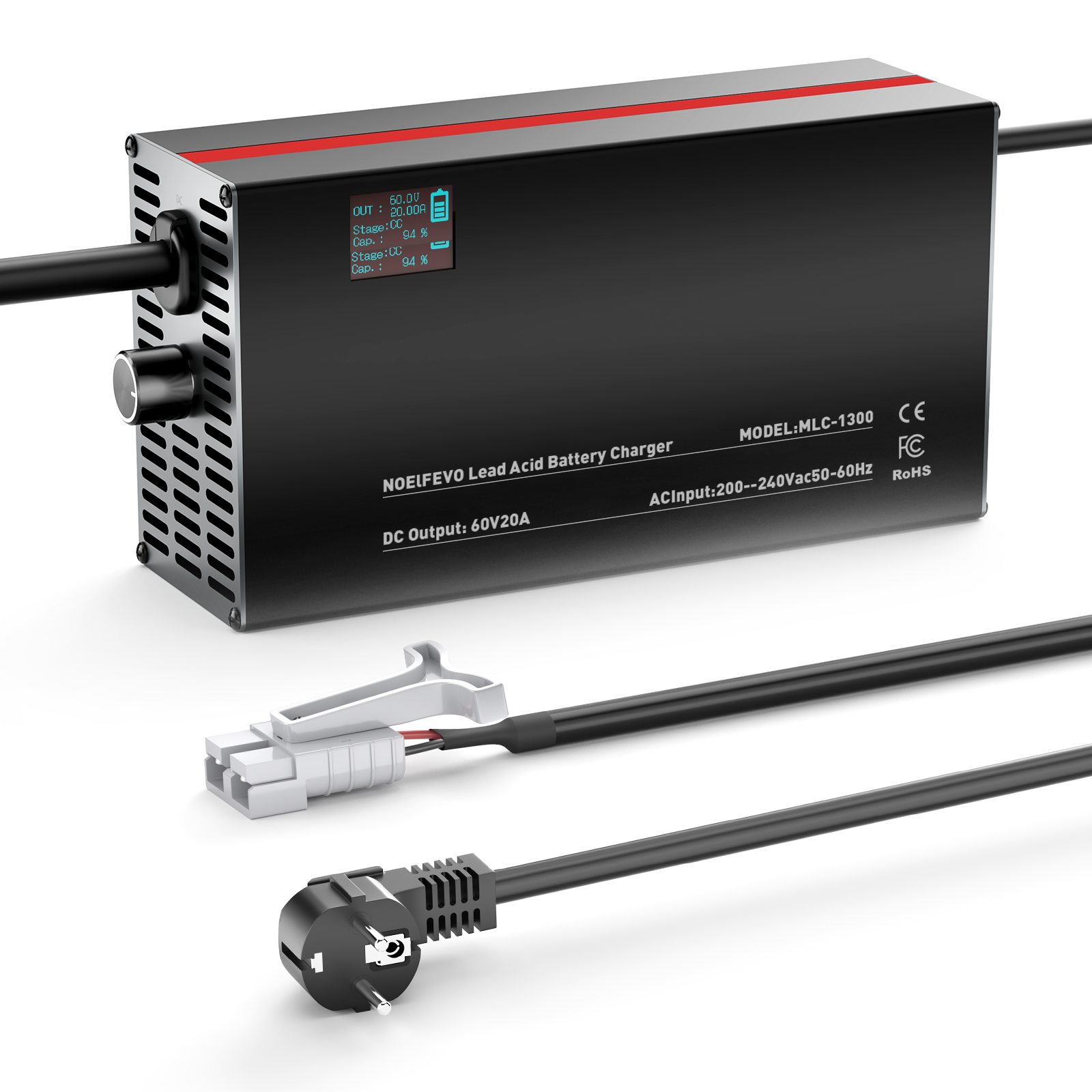NOEIFEVO 60V 2A-20A Ström Justerbart Batteriladdare för Bly-Syra-Batterier, AGM, Gel, Golfvagns-Batteriladdare, LED-Display