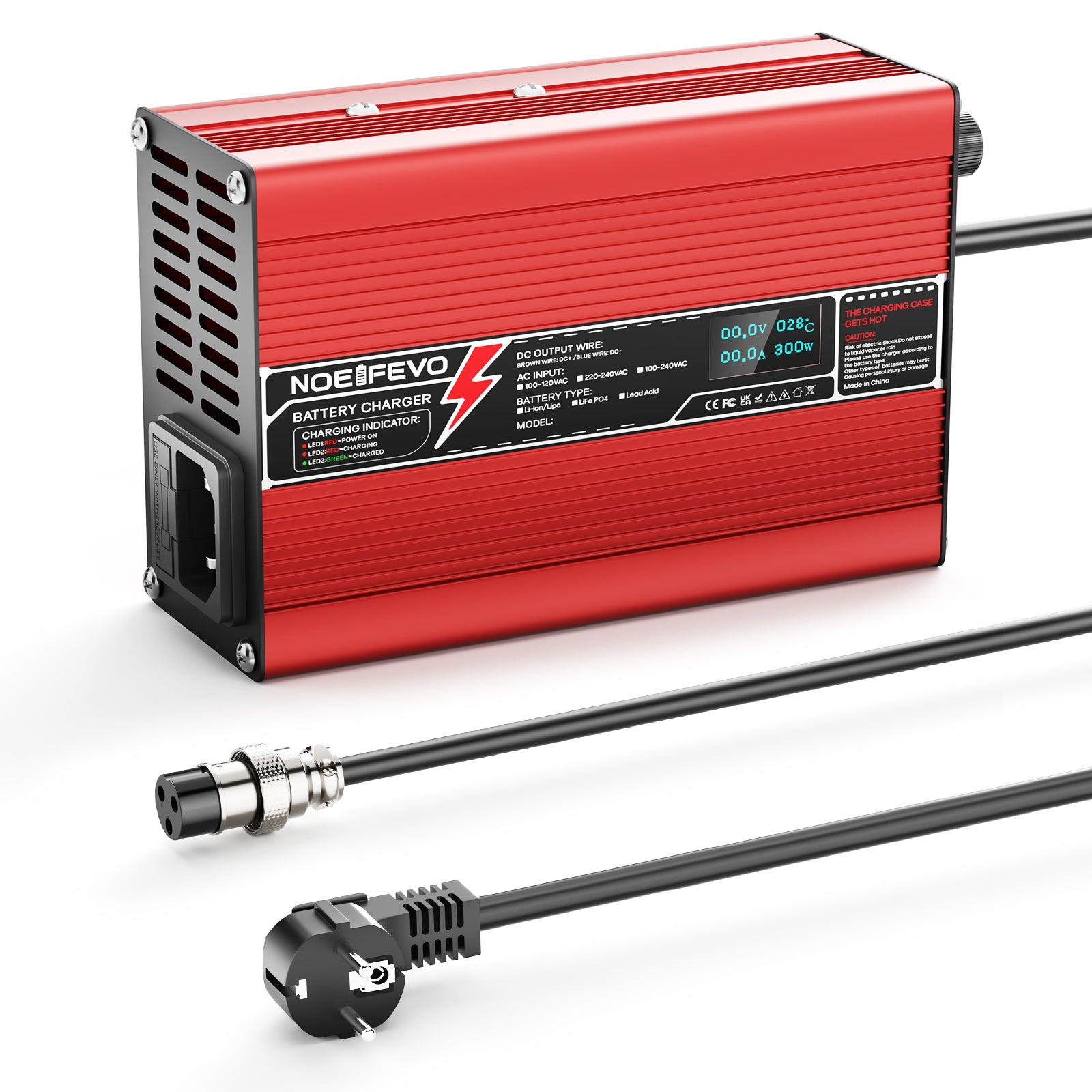 NOEIFEVO 54.6V 2A 2.5A 3A Caricabatterie al litio per batterie 13S 48.1V Li-Ion Lipo, con ventola di raffreddamento, spegnimento automatico (ROSSO)