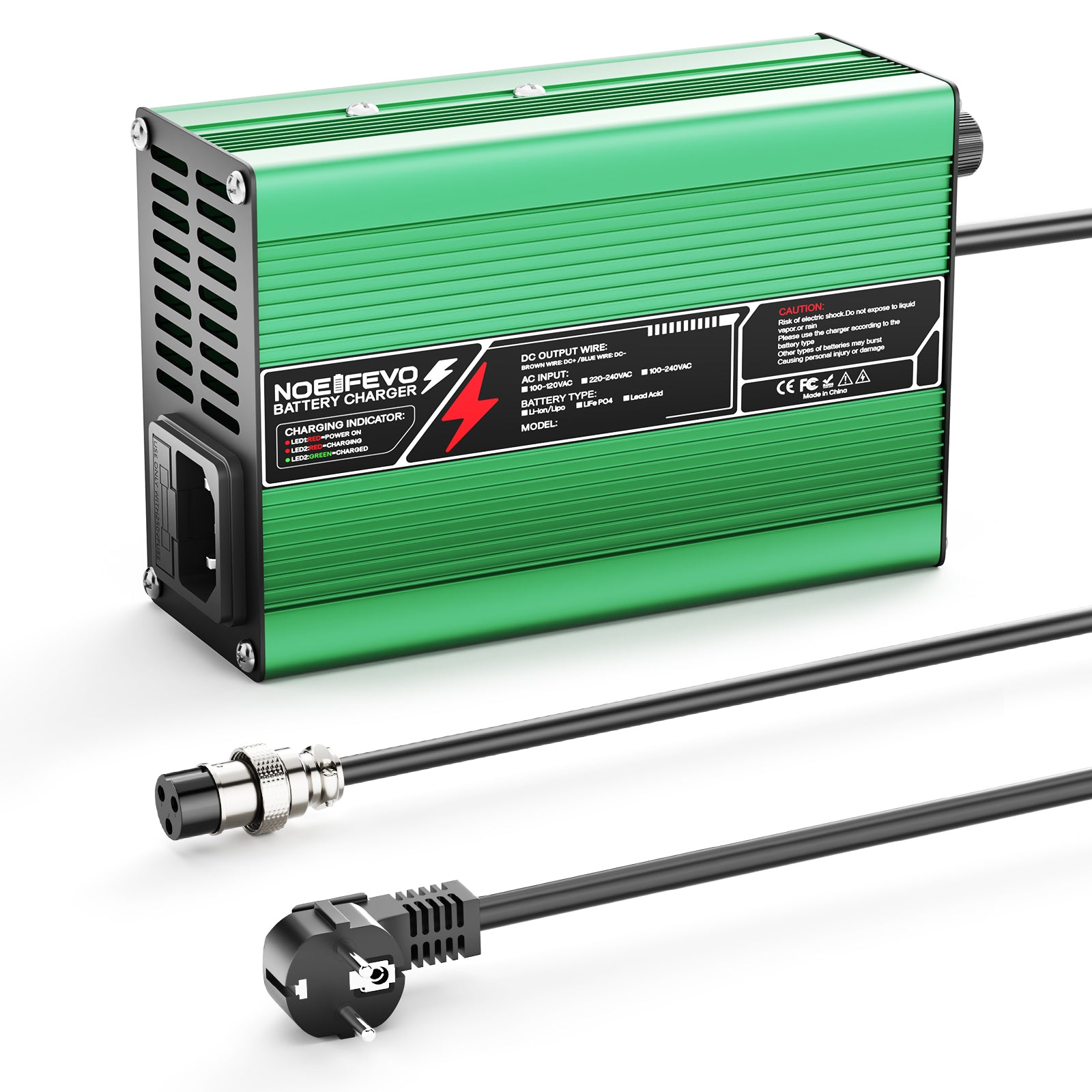 NOEIFEVO 12.6V 10A מטען ליתיום עבור סוללות Li-Ion Lipo 3S 11.1V, מאוורר קירור, כיבוי אוטומטי (ירוק)