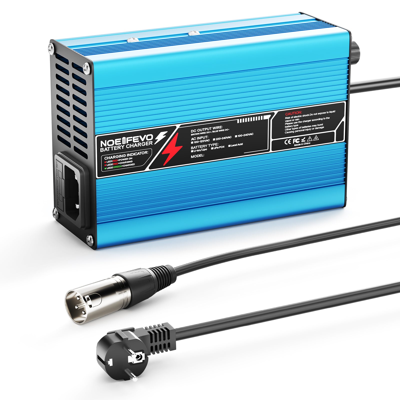 NOEIFEVO 12.6V 10A מטען ליתיום עבור סוללות 3S 11.1V Li-Ion Lipo, מאוורר קירור, כיבוי אוטומטי (כחול)