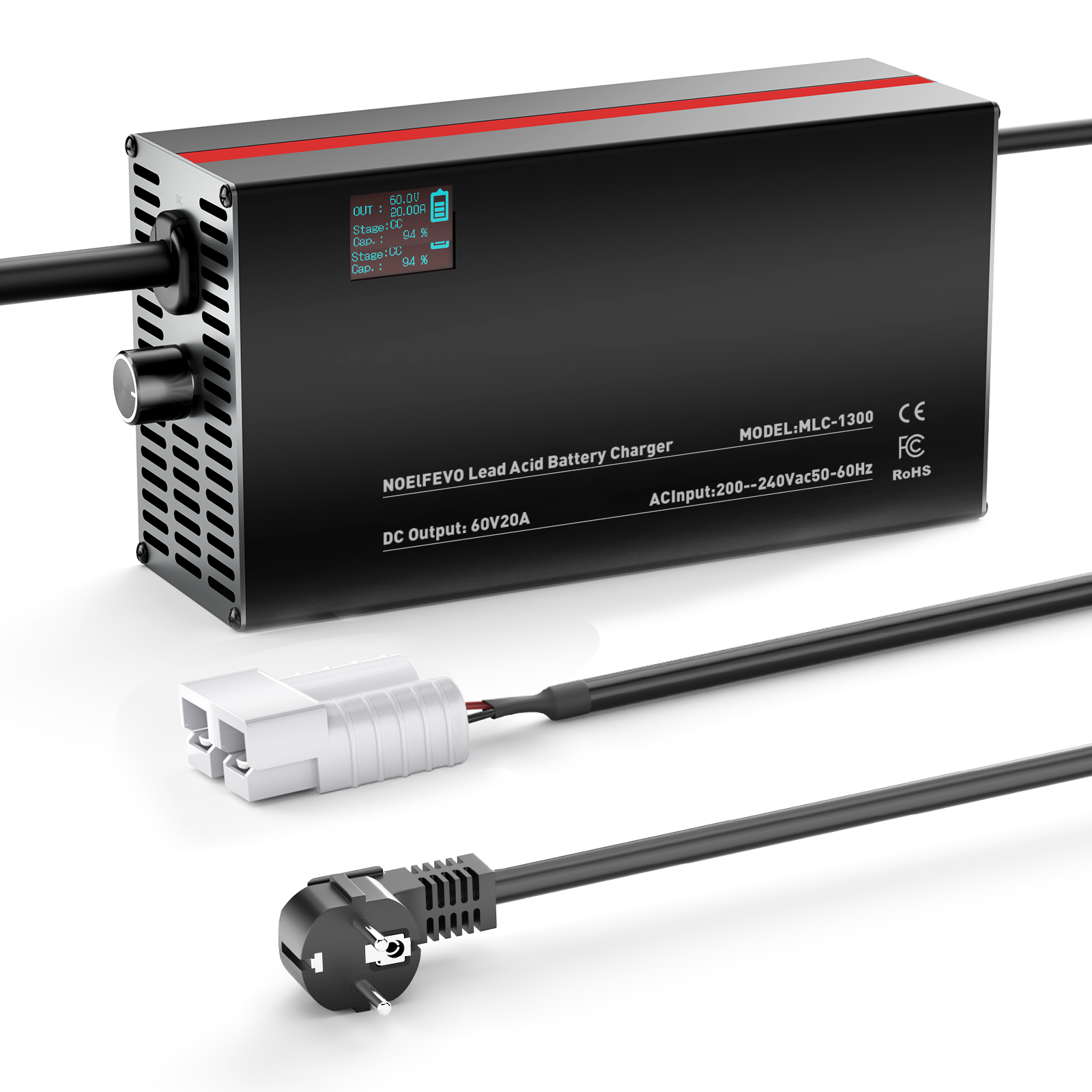 NOEIFEVO 60V 2A-20A Ström Justerbart Batteriladdare för Bly-Syra-Batterier, AGM, Gel, Golfvagns-Batteriladdare, LED-Display