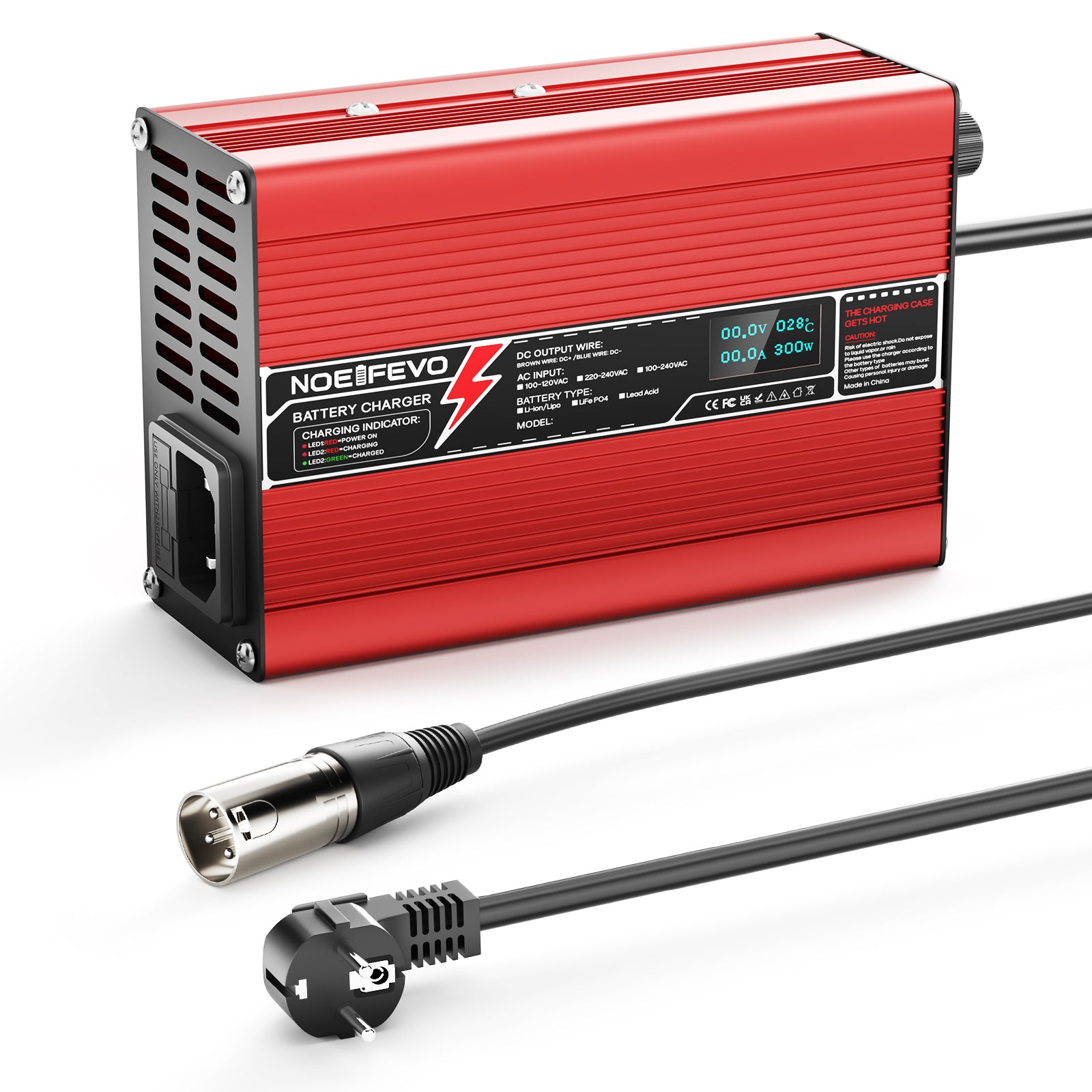 NOEIFEVO 42V 2A 3A 3.5A 4A Lithium-Ladegerät für 10S 37V Li-Ion Lipo-Batterien, Kühlventilator, automatischer Abschaltung(RED)