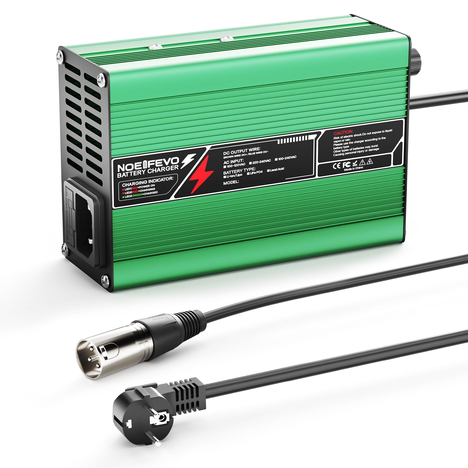 מטעין ליתיום NOEIFEVO 50.4V 2A 2.5A 3A עבור סוללות 12S 44.4V Li-Ion Lipo, מאוורר קירור, כיבוי אוטומטי (ירוק)