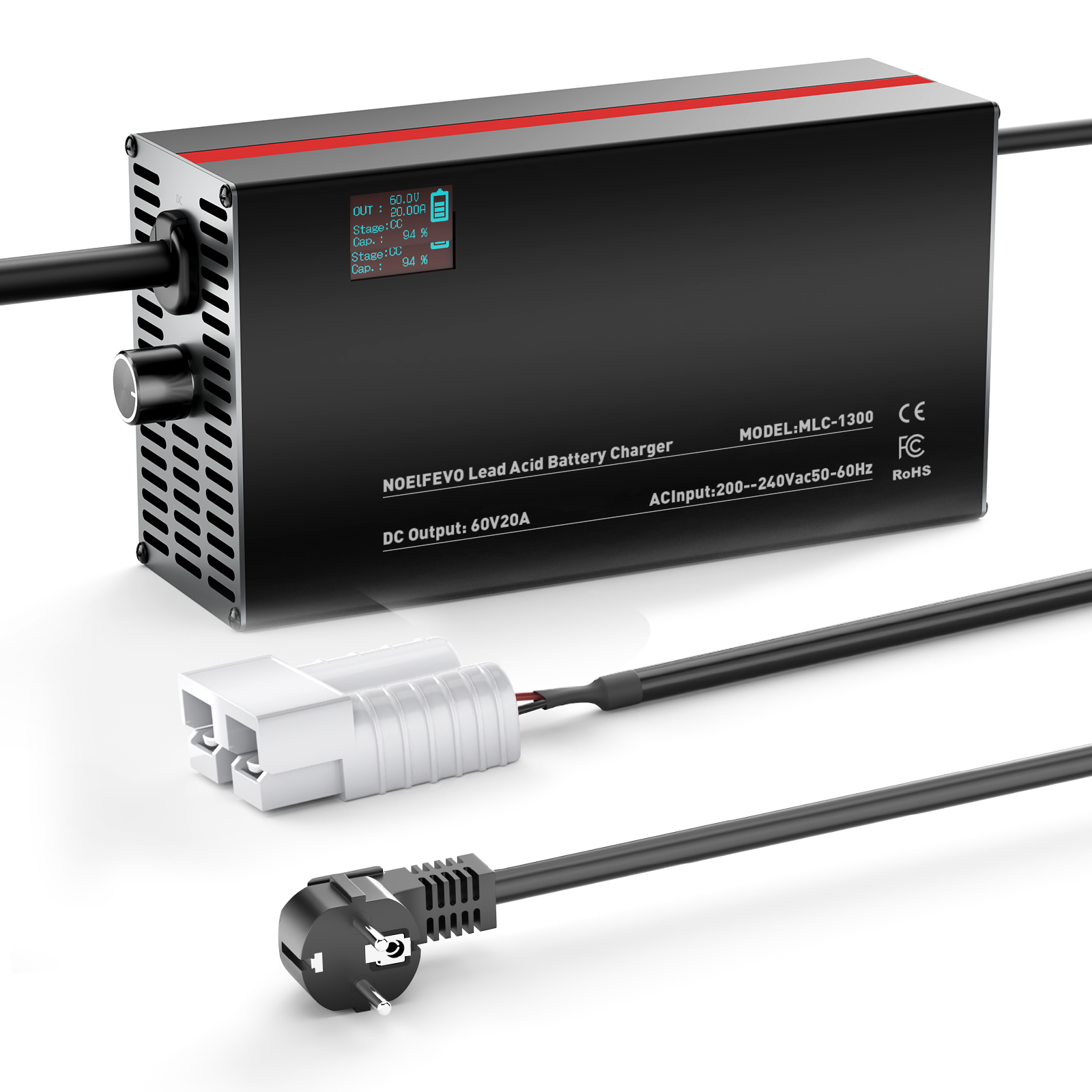 NOEIFEVO 60V 2A-20A Ström Justerbart Batteriladdare för Bly-Syra-Batterier, AGM, Gel, Golfvagns-Batteriladdare, LED-Display