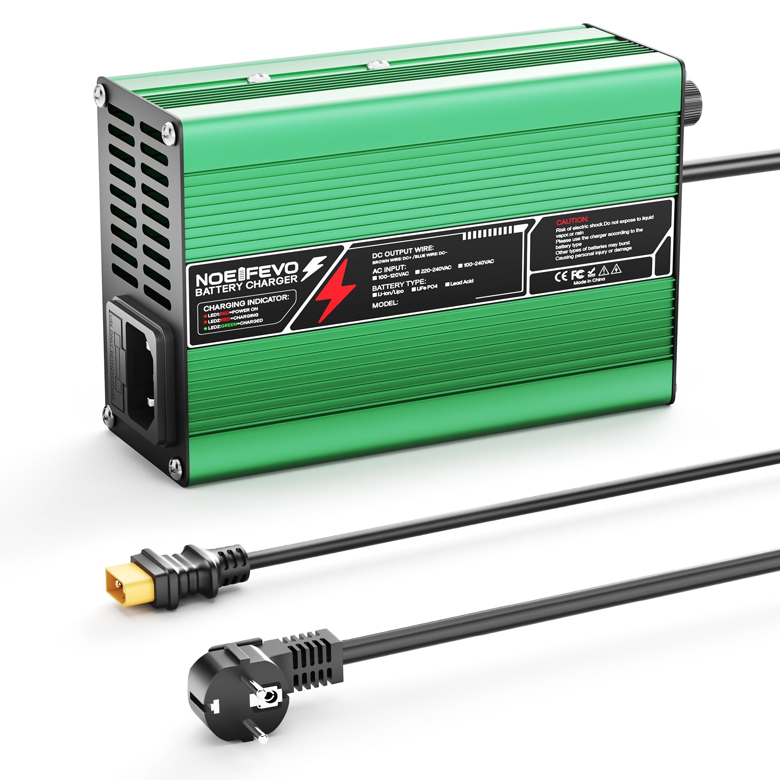 מטעין ליתיום NOEIFEVO 50.4V 2A 2.5A 3A עבור סוללות 12S 44.4V Li-Ion Lipo, מאוורר קירור, כיבוי אוטומטי (ירוק)