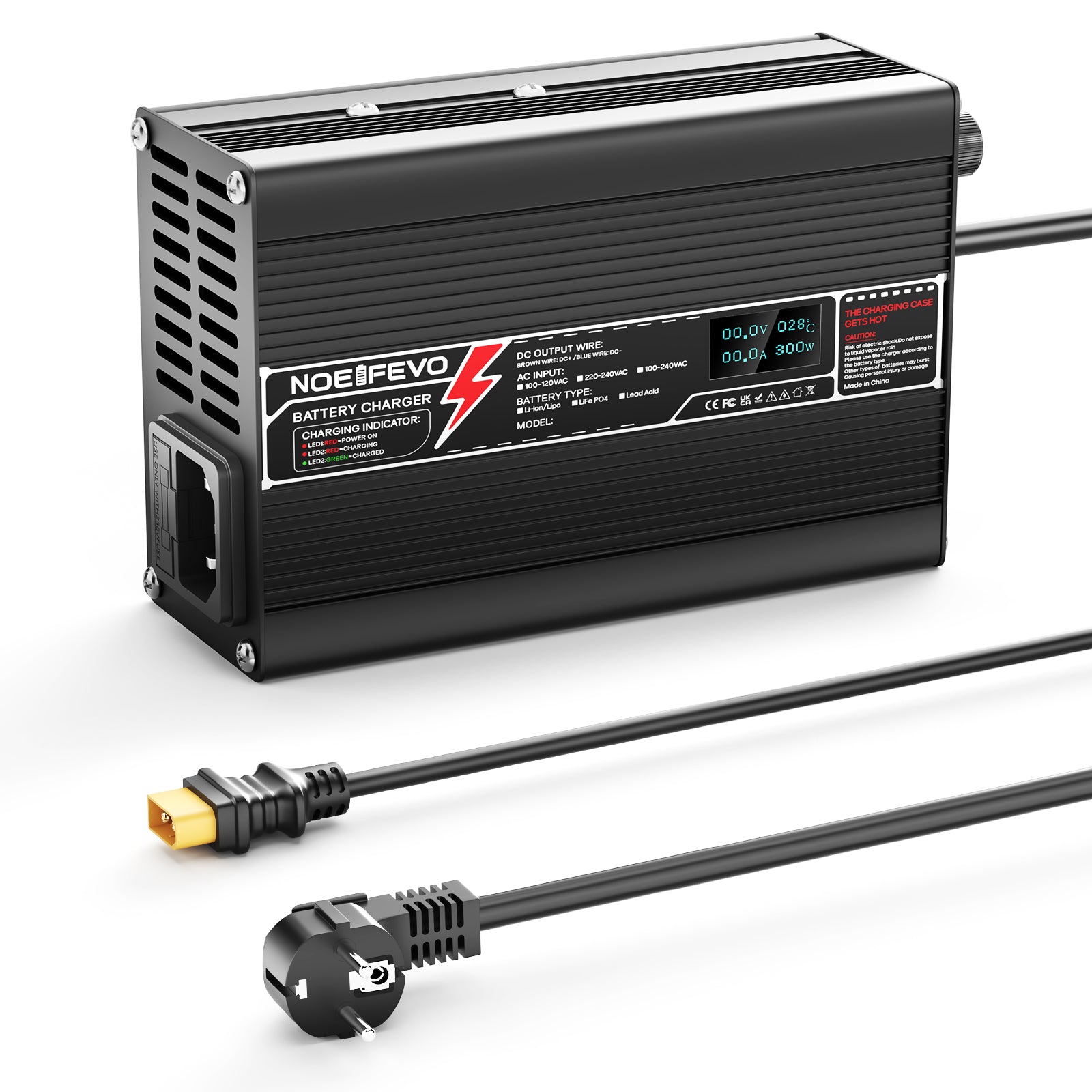 NOEIFEVO 14.6V 10A LiFePO4 Batterie-Ladegerät für 4S 12V 12.8V LiFePO4 Batterie, mit LCD-Anzeige, Kühlventilator, automatischer Abschaltung