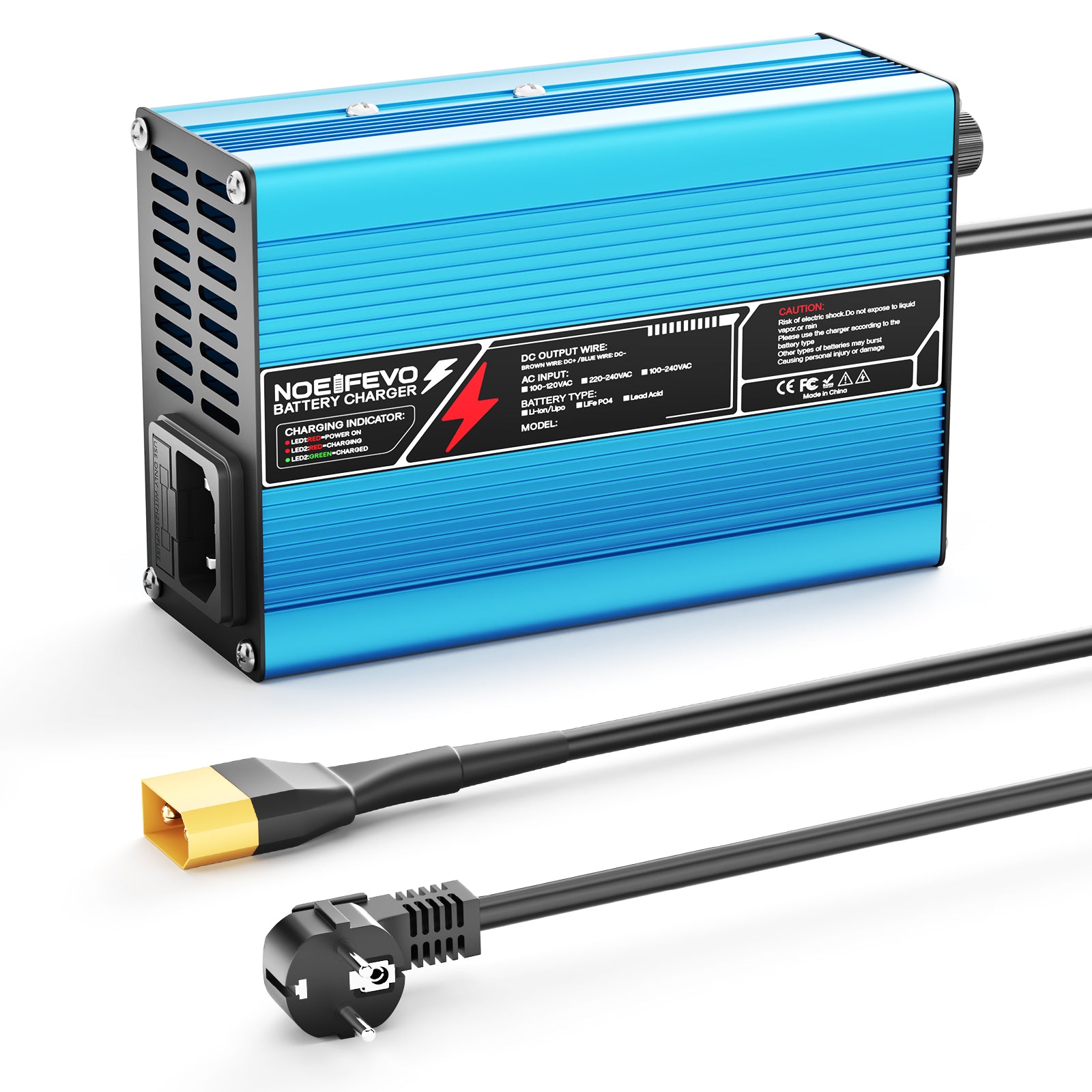 Cargador de batería LiFePO4 NOEIFEVO 36.5V 2A 3A 3.5A 4A  para batería LiFePO4 10S 32V, apagado automático (AZUL)
