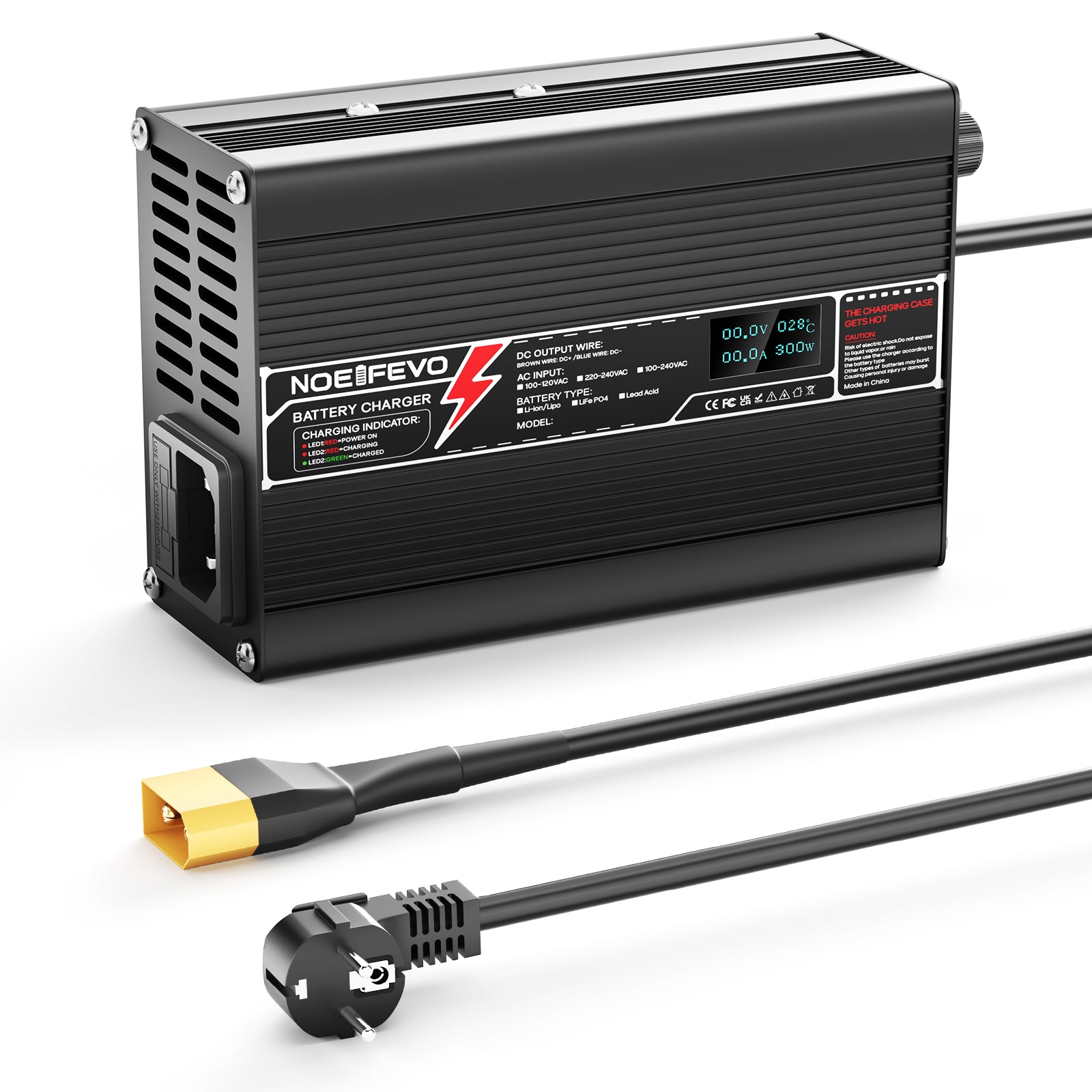 מטען ליתיום NOEIFEVO 42V 4A עבור סוללות 10S 37V Li-Ion Lipo, עם תצוגת LCD, מאוורר קירור, כיבוי אוטומטי