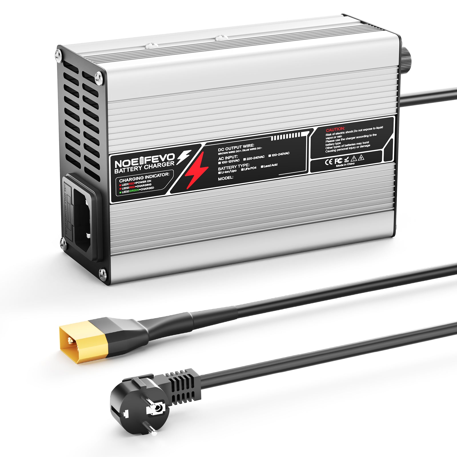 NOEIFEVO Caricabatterie al Litio 42V  2A 3A 3.5A 4A per Batterie Li-Ion Lipo 10S 37V, Ventola di Raffreddamento, Spegnimento Automatico