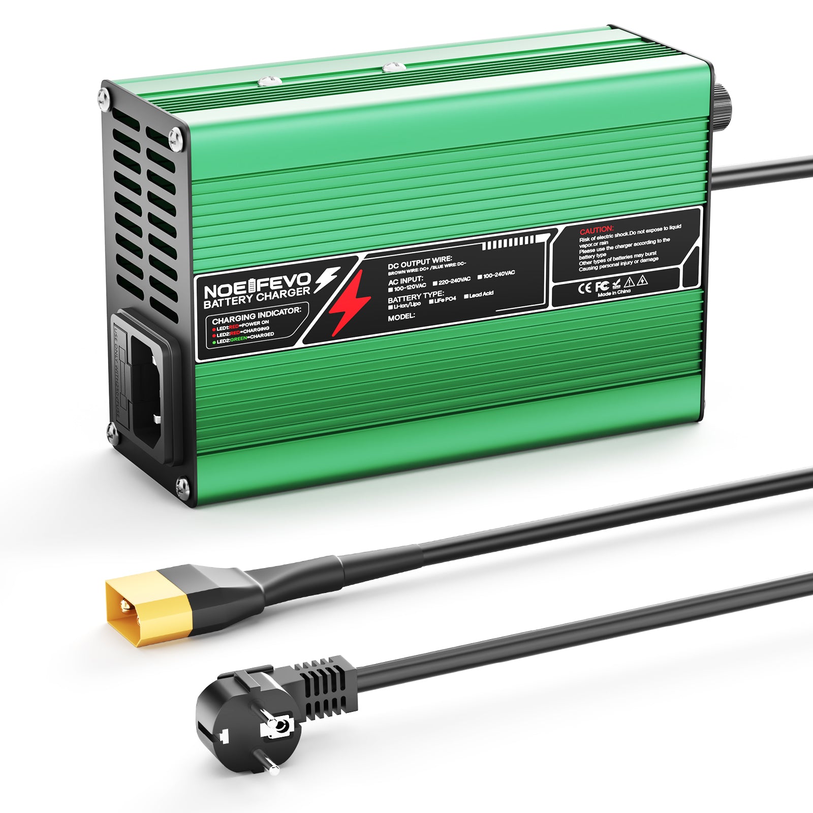 מטען ליתיום NOEIFEVO 33.6V2A 3A 4A 5A עבור סוללות 8S 29.6V Li-Ion Lipo, מאוורר קירור, כיבוי אוטומטי (ירוק).