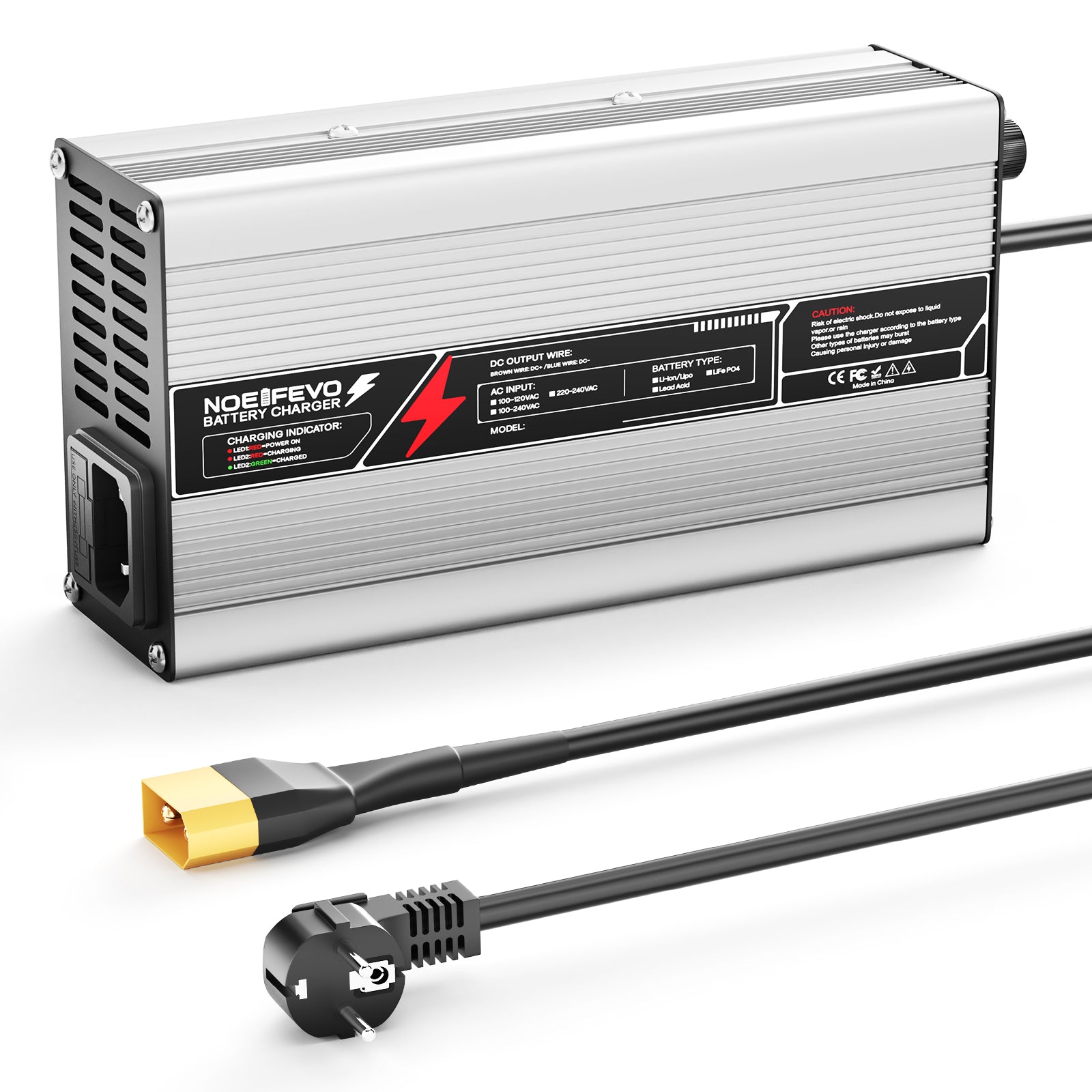 NOEIFEVO 14,6V 20A Caricabatterie LiFePO4 per batteria 12V (12,8V) 4S, spegnimento automatico, case in alluminio, con ventilatore (Argento).