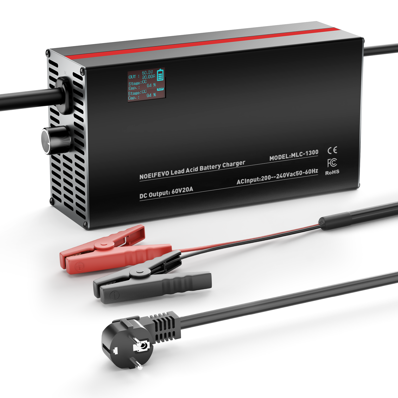 NOEIFEVO 48V 2A-20A Strøm Justerbart Batterioplader til Blysyre Batterier, AGM, Gel, Golfvogn Batterioplader, LED-Display