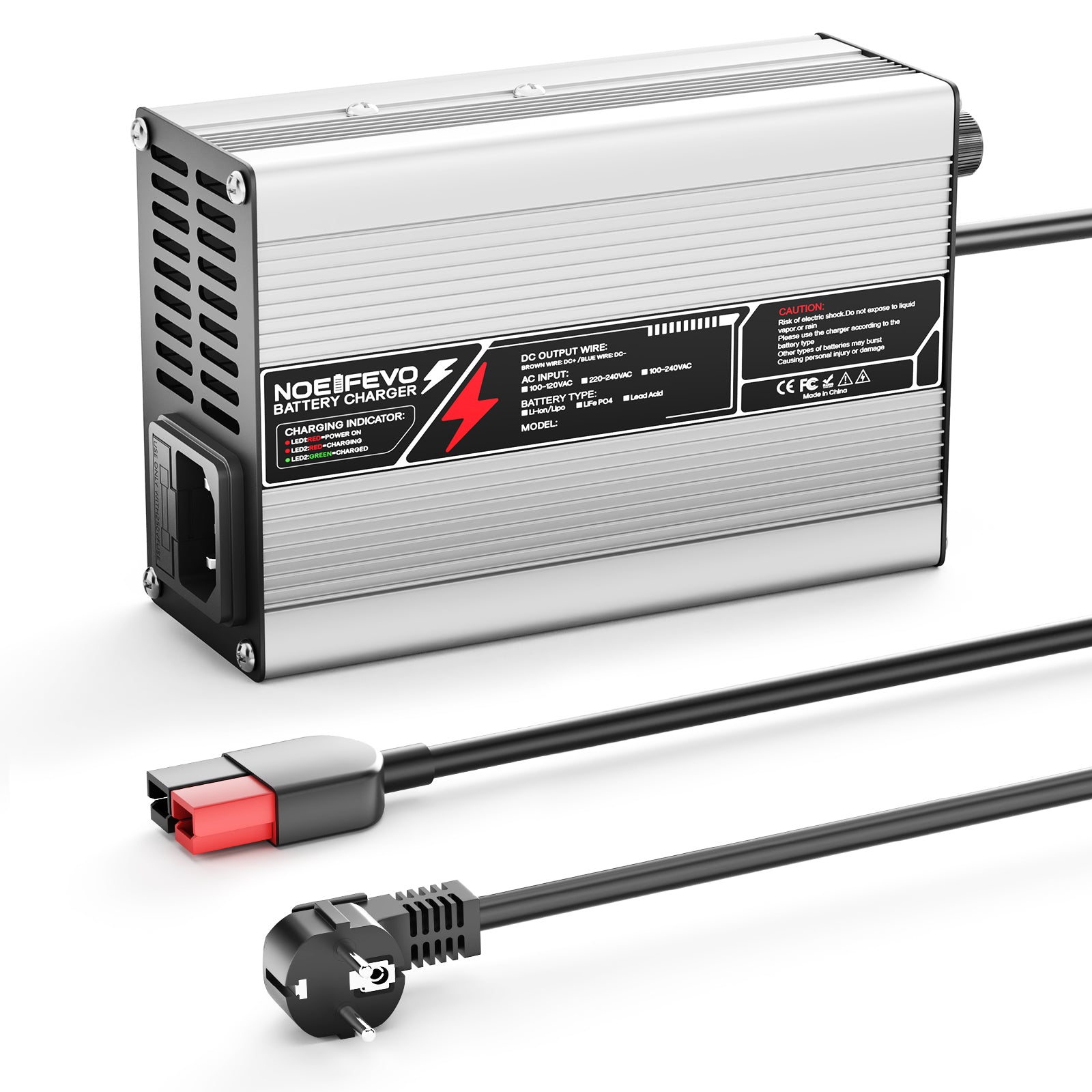 NOEIFEVO 50.4V 2A 2.5A 3A lithiumová nabíječka pro 12S 44.4V Li-Ion Lipo baterie, chladicí ventilátor, automatické vypnutí