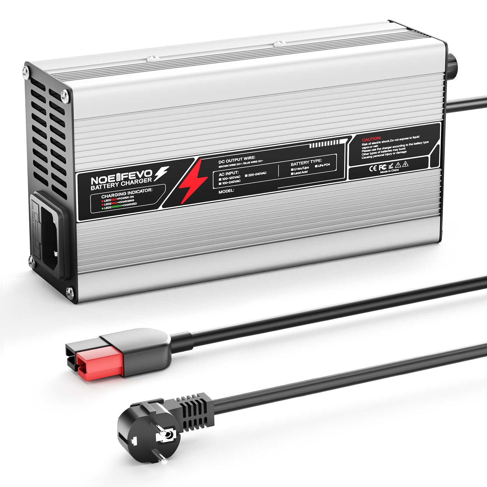 NOEIFEVO 29,2V 15A LiFePO4 Batterijlader voor 24V (25,6V) 4S batterij, automatische uitschakeling, aluminium behuizing, met ventilator (Zilver)