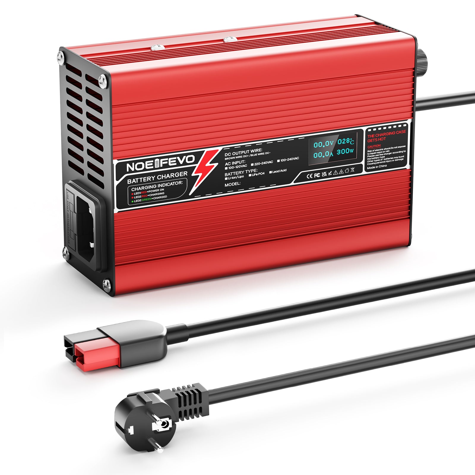 NOEIFEVO 54.6V 2A 2.5A 3A Lithium-lader til 13S 48.1V Li-Ion Lipo-batterier, med køleventilator, automatisk afbrydelse (RØD)