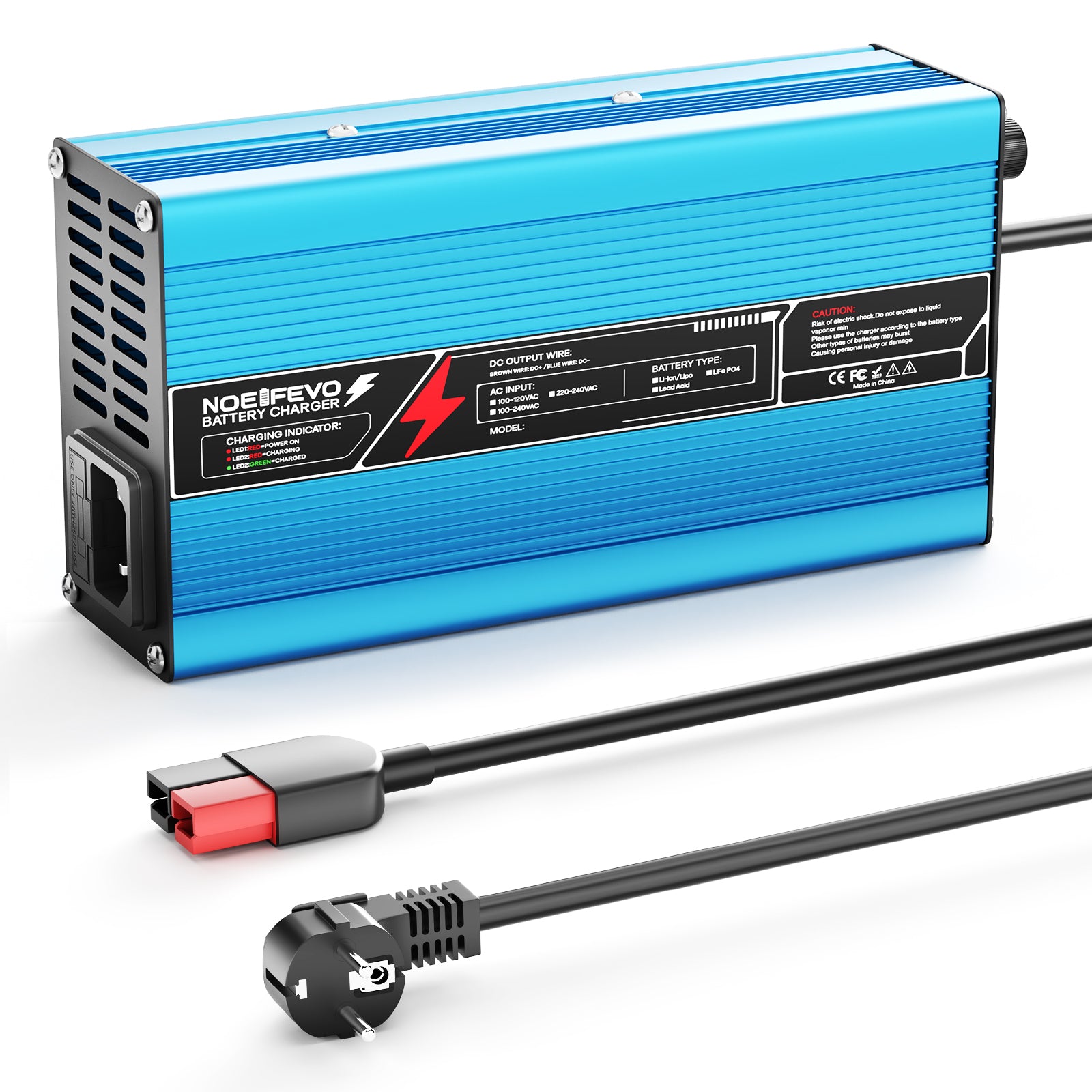 NOEIFEVO 42V 10A 10S Lithium-batterijlader, voor 10S 37V Li-Ion batterij, automatische uitschakeling, aluminium behuizing, met ventilator (blauw)