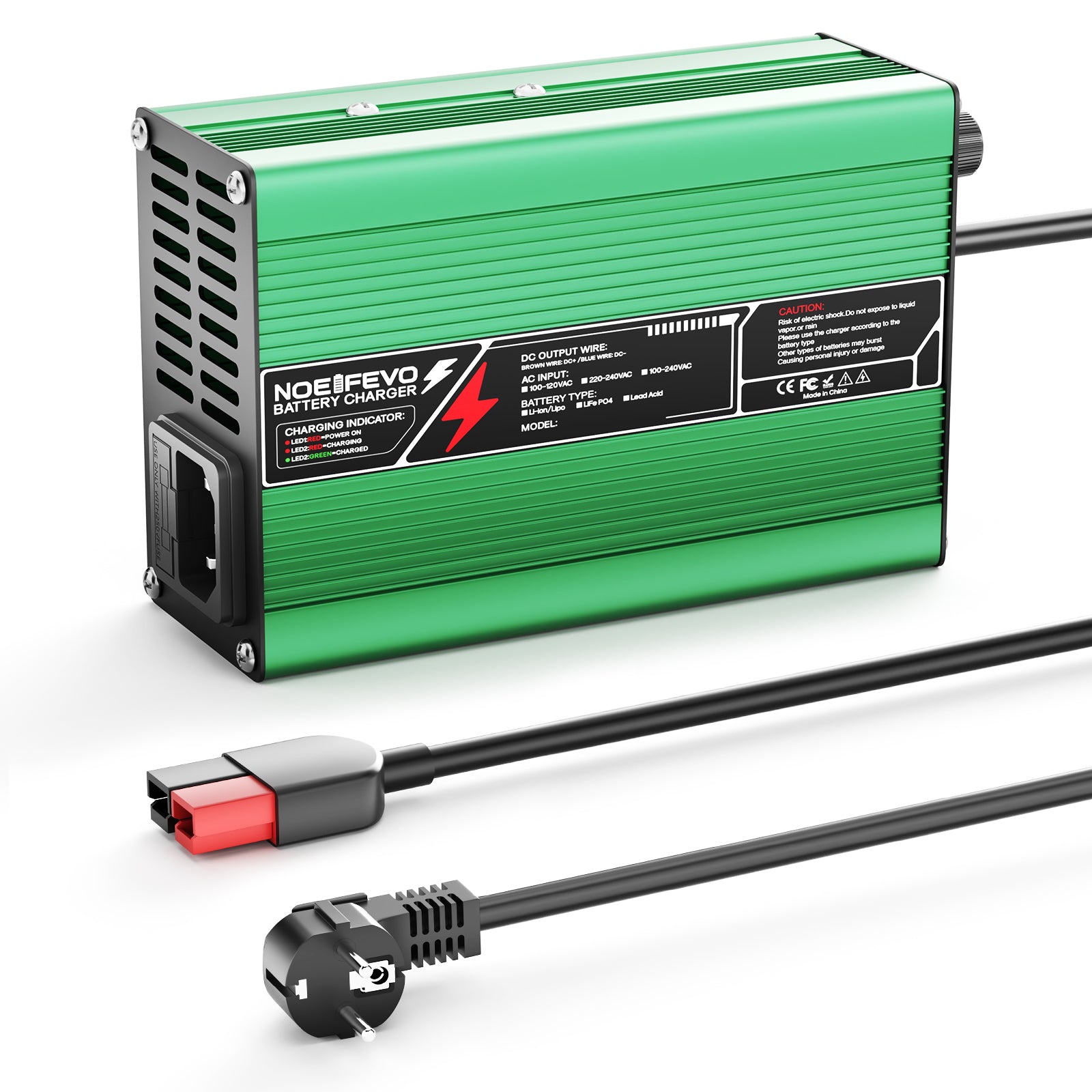 מטען ליתיום NOEIFEVO 54.6V  2A 2.5A 3A עבור סוללות Li-Ion Lipo 13S 48.1V, מאוורר קירור, כיבוי אוטומטי (ירוק)