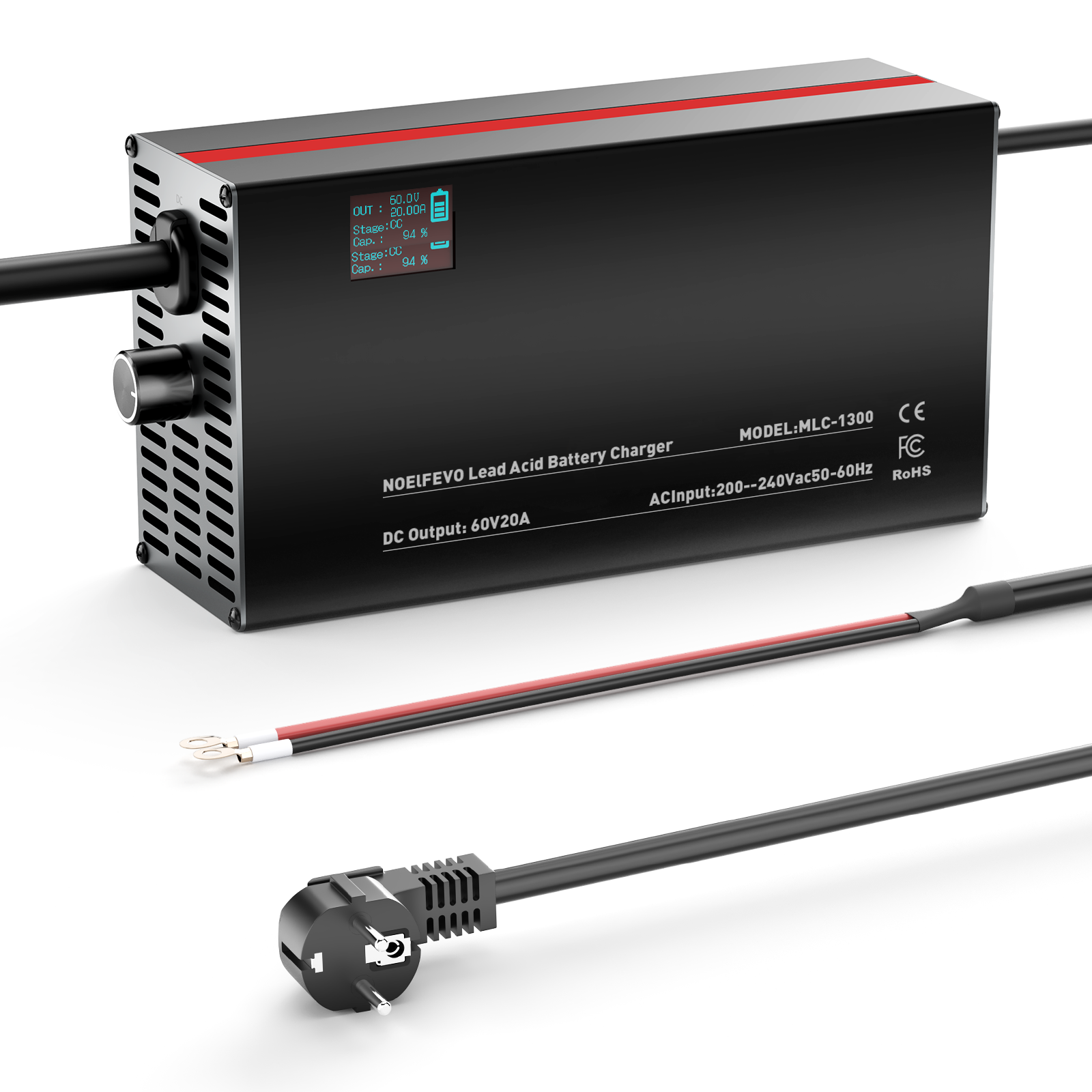 NOEIFEVO 60V 2A-20A Ström Justerbart Batteriladdare för Bly-Syra-Batterier, AGM, Gel, Golfvagns-Batteriladdare, LED-Display