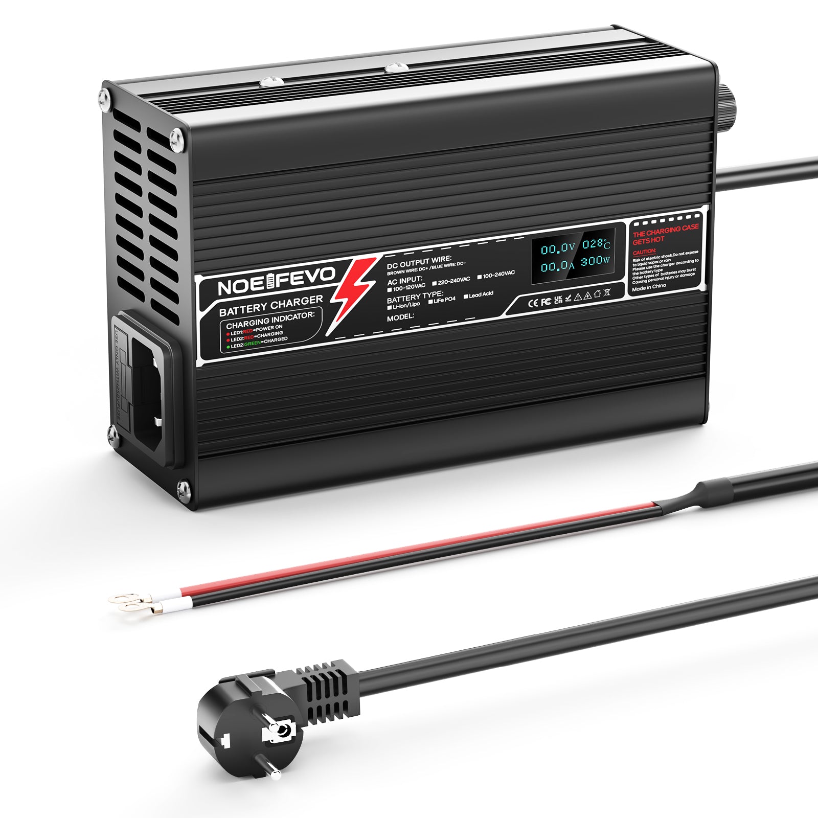 מטען ליתיום NOEIFEVO 12.6V 8A עבור סוללות 3S 11.1V Li-Ion Lipo, עם תצוגת LCD, מאוורר קירור, כיבוי אוטומטי.