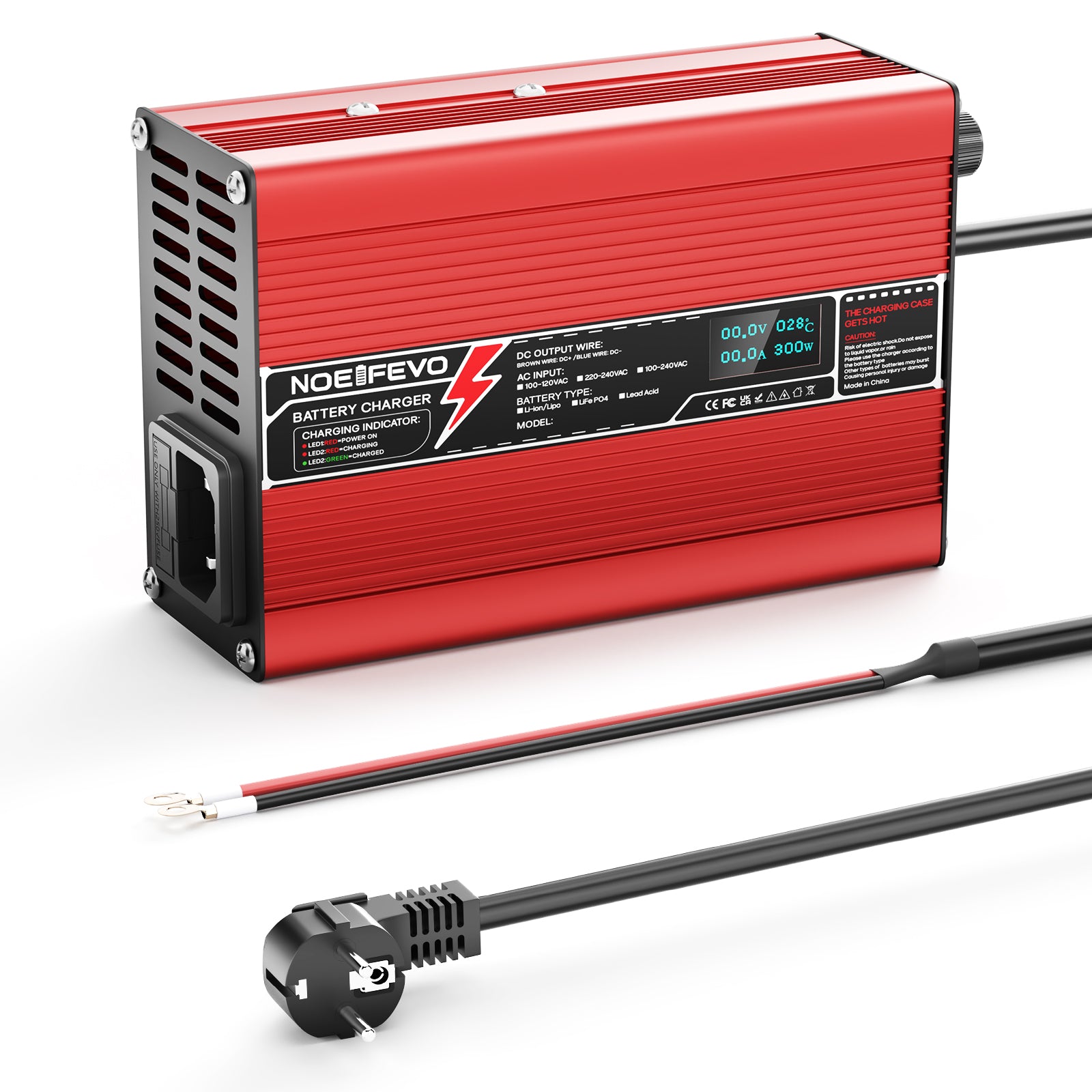 NOEIFEVO 50.4V 2A 2.5A 3A Lithium-nabíječka pro 12S 44.4V Li-Ion Lipo-baterie, s LCD displejem, chladicím ventilátorem, automatickým vypnutím(ČERVENÁ)