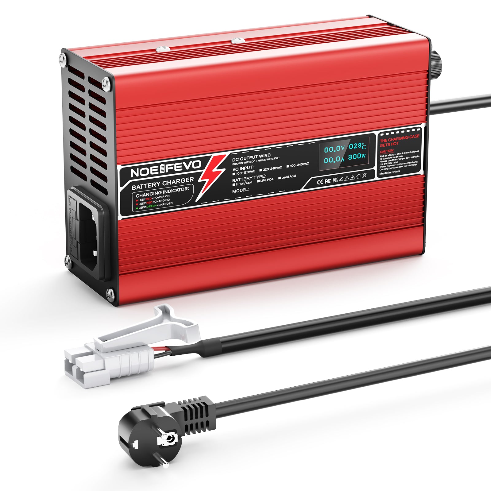 NOEIFEVO 43.8V 4A LiFePO4 Batterie-Ladegerät für 12S 36V 38.4V LiFePO4 Batterie, mit LCD-Anzeige, Kühlventilator, automatischer Abschaltung(RED)