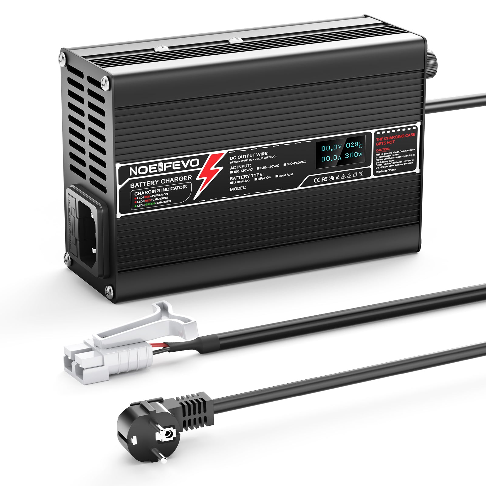 NOEIFEVO 29.4V 5A Carregador de Lítio para Baterias Li-Ion Lipo 7S 25.9V, Ventilador de Resfriamento, Desligamento Automático (PRETO)
