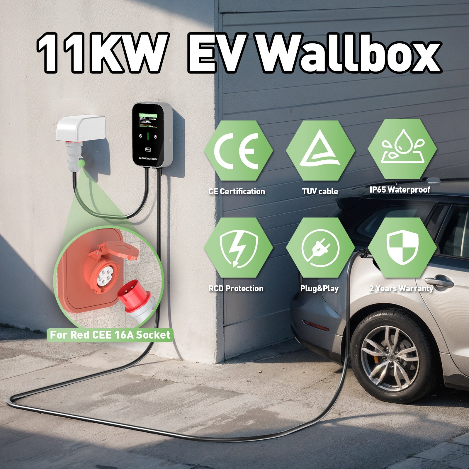 NOEIFEVO EV Wallbox Typ 2, 11kW mit RFID, 8–16A, 3-phasiges 400V Ladegerät für Elektrofahrzeuge (BEV/PHEV) mit 5 m Ladekabel und Kabelhalter, Schutzart IP65, effiziente Ladegerät Ladestation für Zuhause und Büro
