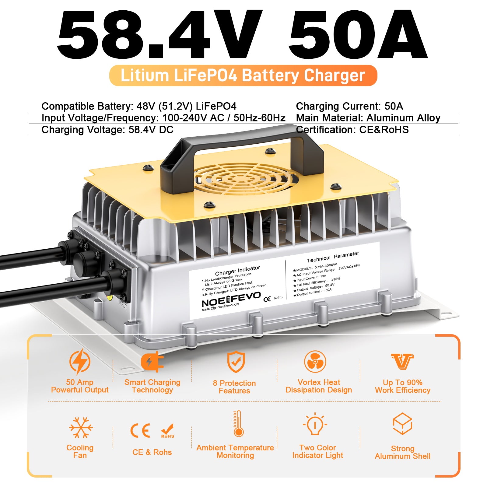  NOEIFEVO 58,4 V 50 A LiFePO4 Caricabatterie per batteria LiFePO4 51,2 V (48 V) 16S, impermeabile, 0 V BMS attivato