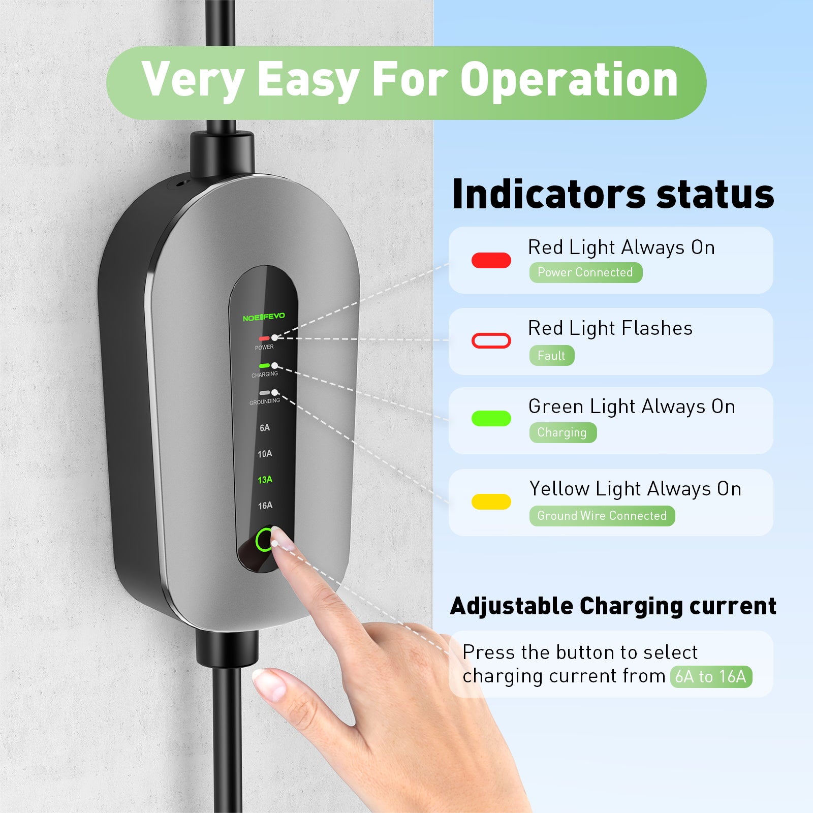 NOEIFEVO F095-3 Type 2 až CEE16A EV nabíjecí kabel pro elektromobil, 11KW wallbox 6A až 16A nastavitelný proud, 3m/5m/10m