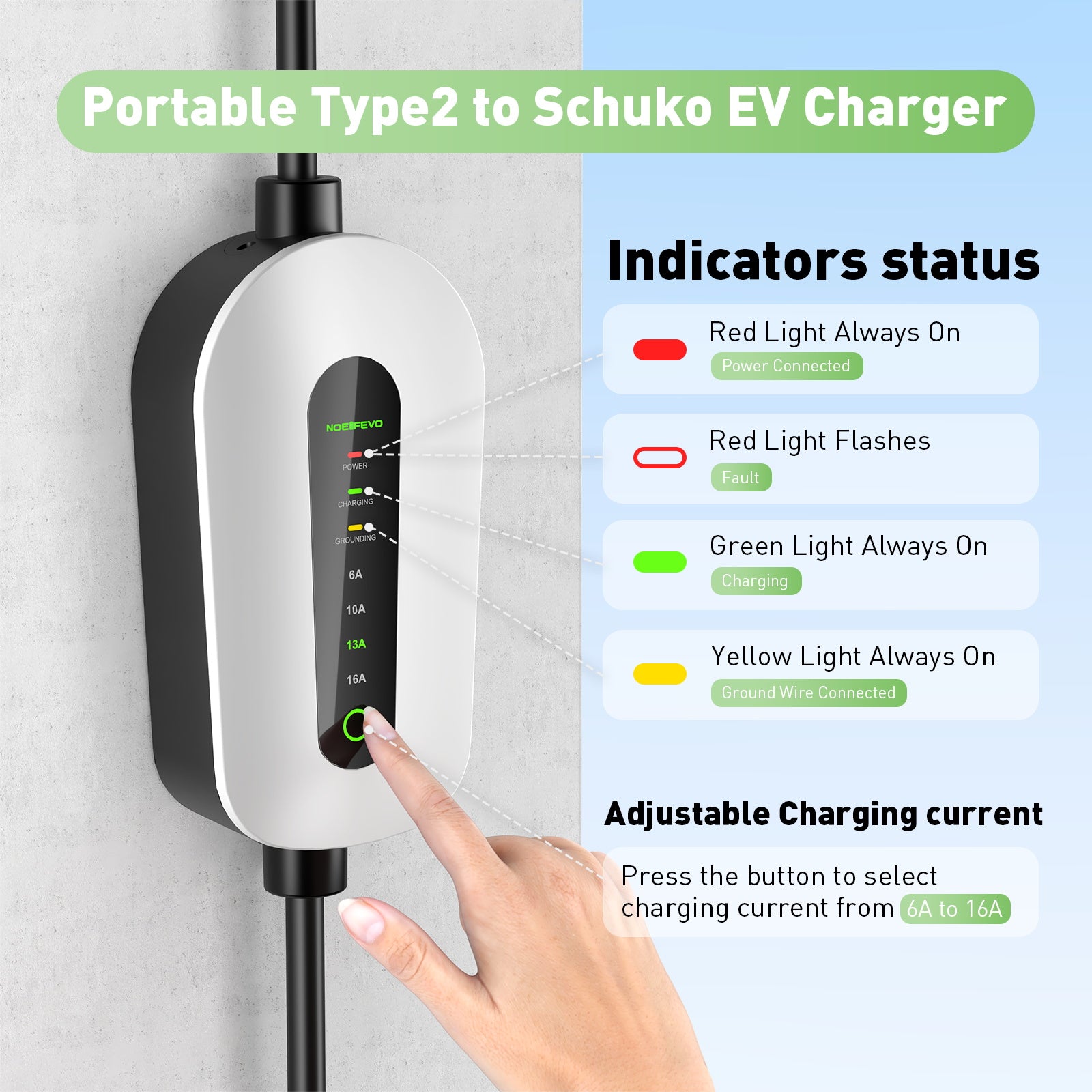 NOEIFEVO F095 Typ 2 Zu Schuko EV Ladekabel für Elektrofahrzeug , 3.5KW 6A bis 16A einstellbarer Strom, 3m/5m/10m