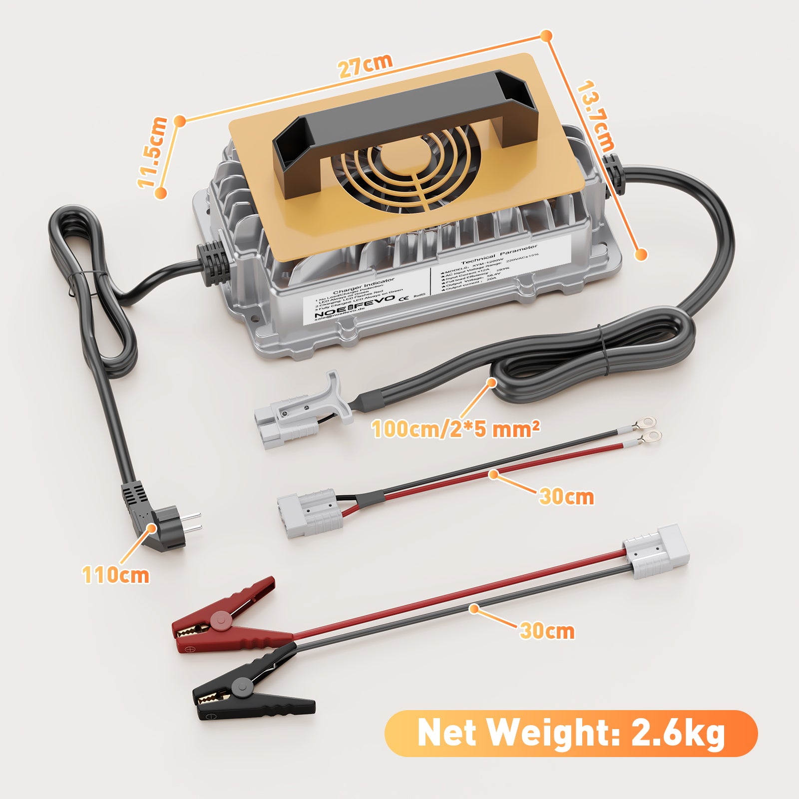 NOEIFEVO 58.4V 20A Lithium Lifepo4 batteriladdare för 48V (51.2V)16S batteri, vattentät, 0 V BMS aktivering, automatisk avstängning med fullt skydd