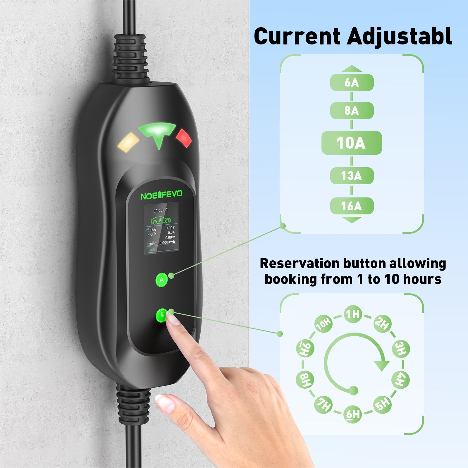NOEIFEVO Master Traveller EV Wallbox 11kW mit Tesla Unlock-Taste, Mobile Ladestation 3-Phasen 400V (6-16A einstellbar), 5m/10m Type 2 Ladekabel mit EU-Reiseadapter (CEE32/CEE16A/Schuko/Type2 Stecker).