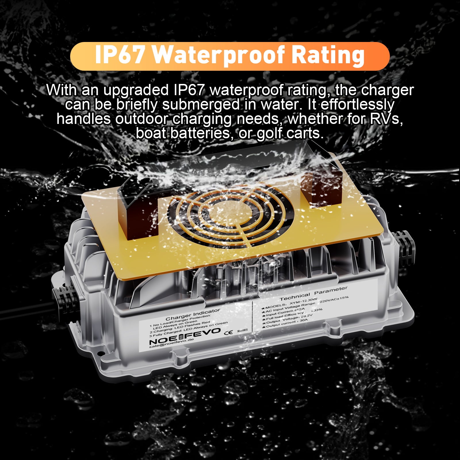 Noeifevo 29,2V 30A LiFePO4 nabíjačka batérií pre 24V 25,6V lítiovú batériu, vodotesná, 0V BMS aktivácia, automatické vypnutie