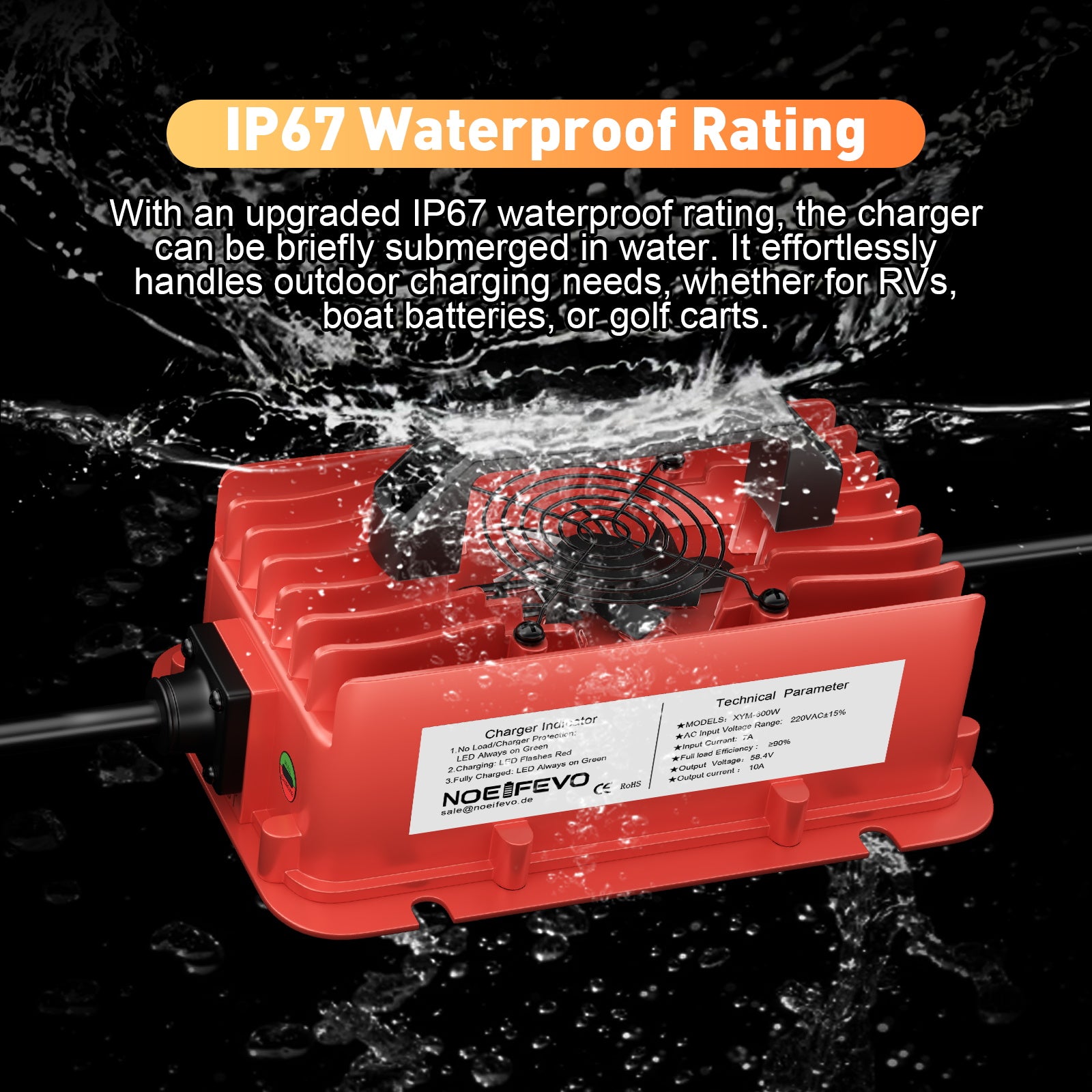  NOEIFEVO 58,4 V 10 A Ładowarka akumulatorów litowo-żelazowo-fosforanowych do akumulatorów 16S 51,2 V (48 V), wodoodporna, z automatycznym wyłączaniem i pełną ochroną