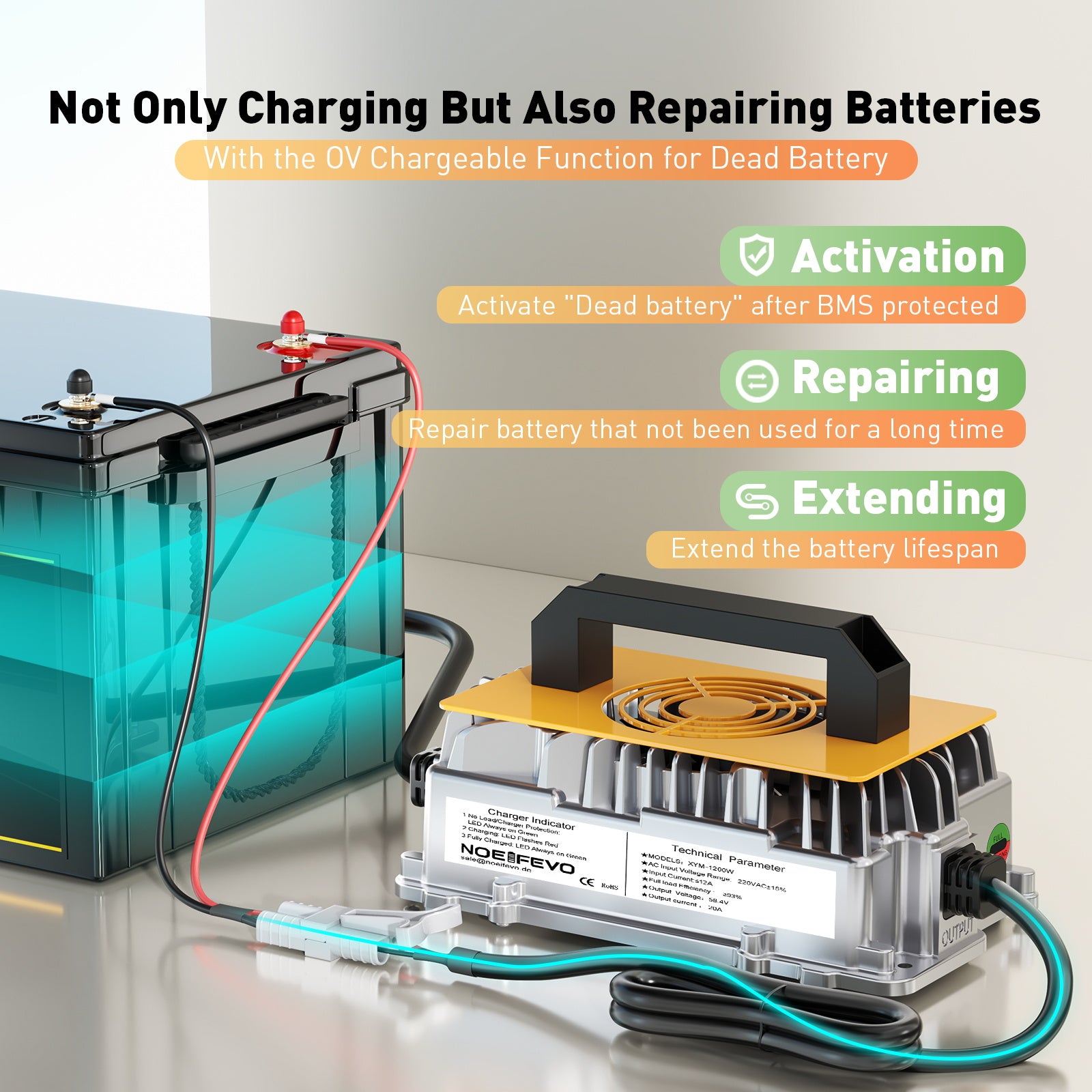 NOEIFEVO 58.4V 20A Lithium Lifepo4 batteriladdare för 48V (51.2V)16S batteri, vattentät, 0 V BMS aktivering, automatisk avstängning med fullt skydd