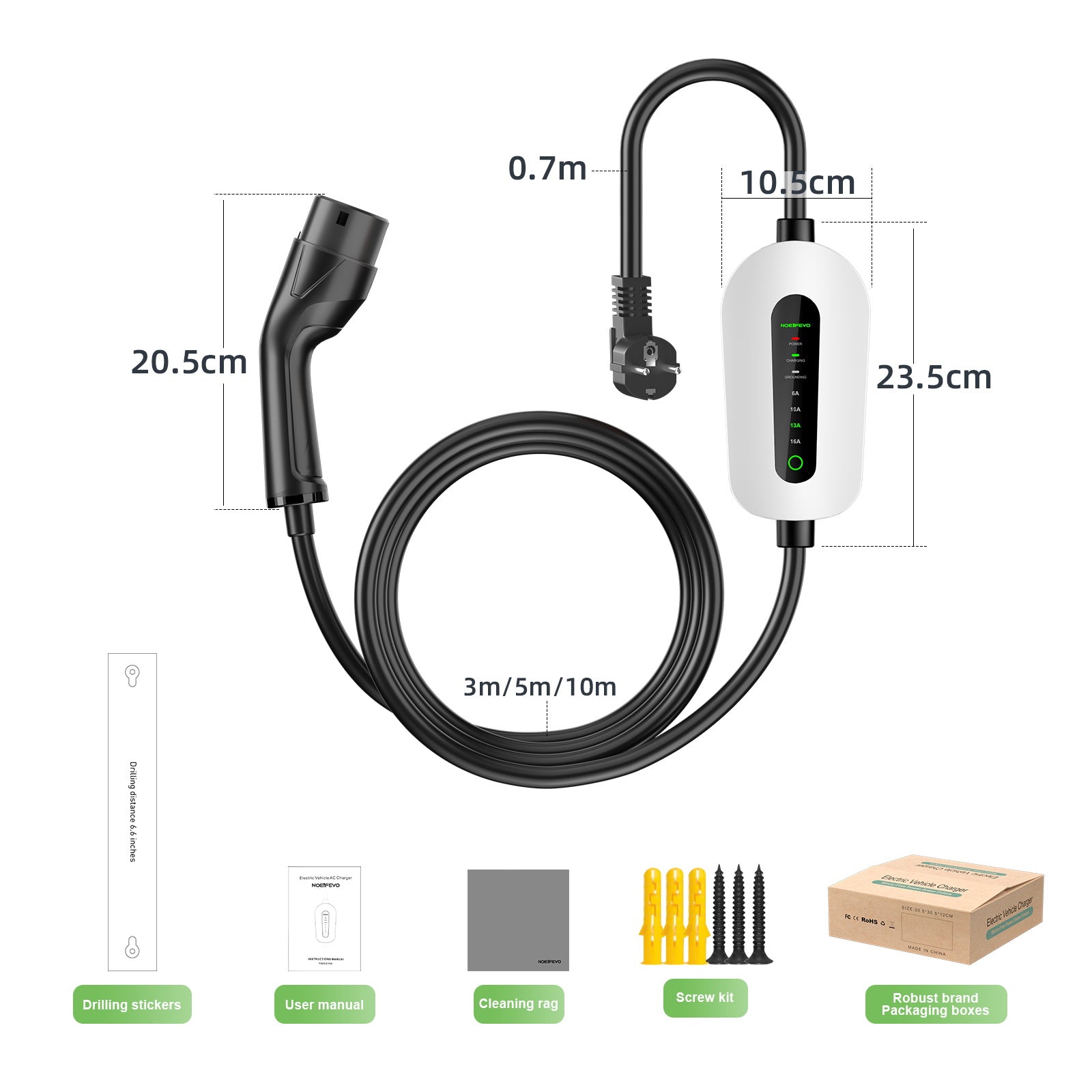 NOEIFEVO F095 Cavo di ricarica EV tipo 2 a Schuko per veicoli elettrici, corrente regolabile da 3,5 kW da 6 A a 16 A, 3 m/5 m/10 m
​
​