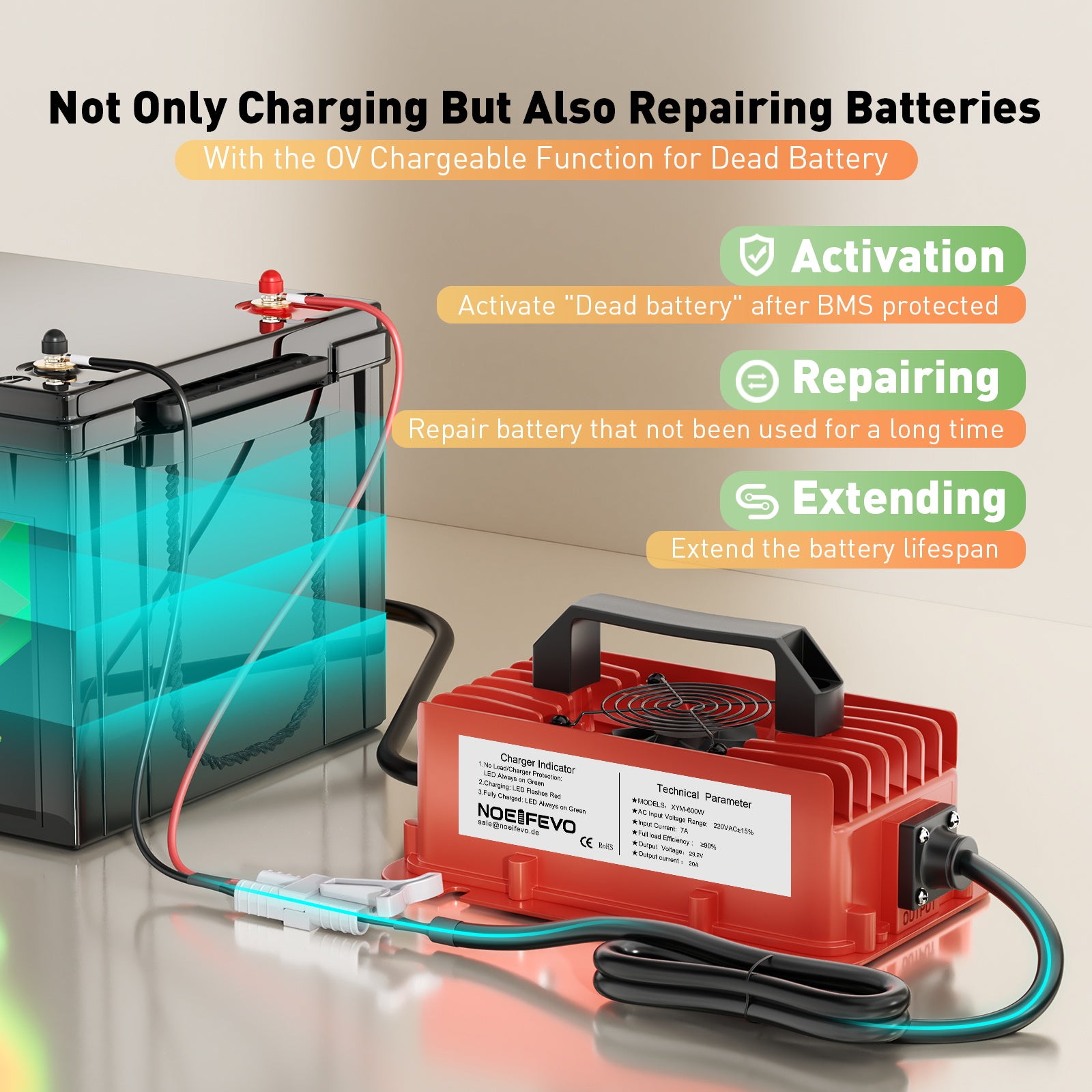 NOEIFEVO 29.2V 20A waterdichte LiFePO4-batterijlader voor 25.6V (24V) 8S lithiumbatterij, 0V BMS-activering, met volledige bescherming
​
