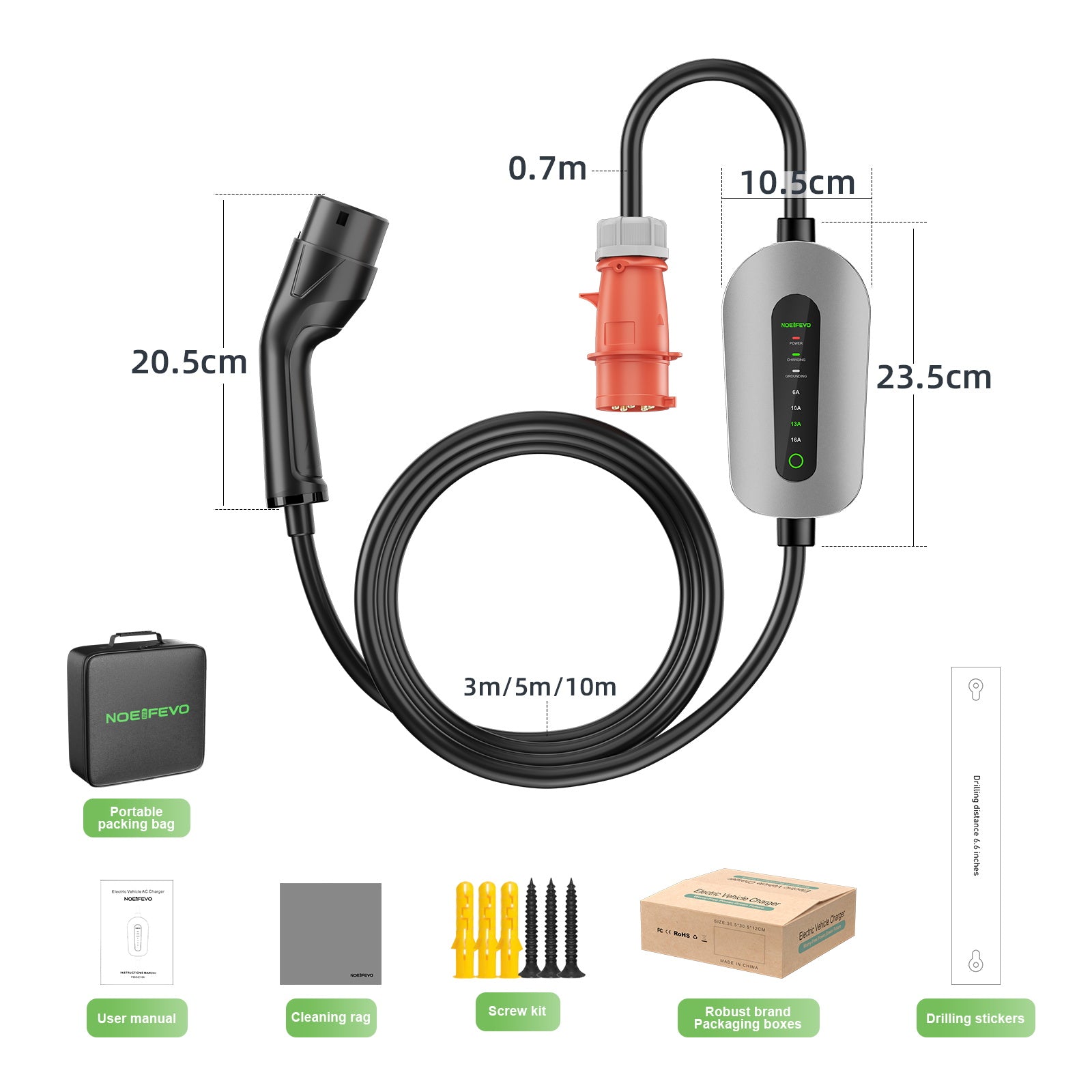 NOEIFEVO F095-3 Cavo di ricarica EV tipo 2 a CEE16A per veicoli elettrici, wallbox 11KW corrente regolabile da 6A a 16A, 3m/5m/10m
​