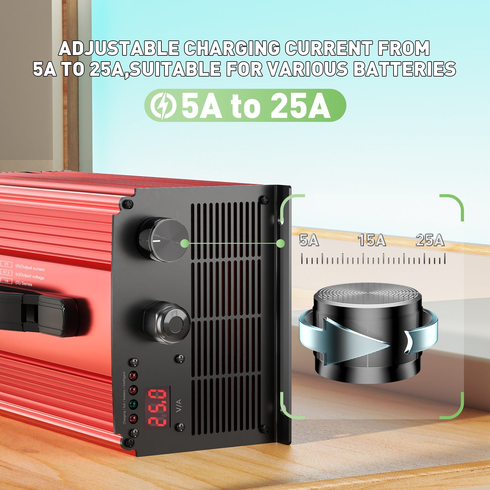 NOEIFEVO 67.2V 25A Lithium-batterioplader til 59.2V (60V) 16S Lithium-Li-ion-Lipo-batteri, LCD-display, justerbar strøm, oplader til el-cykel, scooter, elektrisk motorcykel