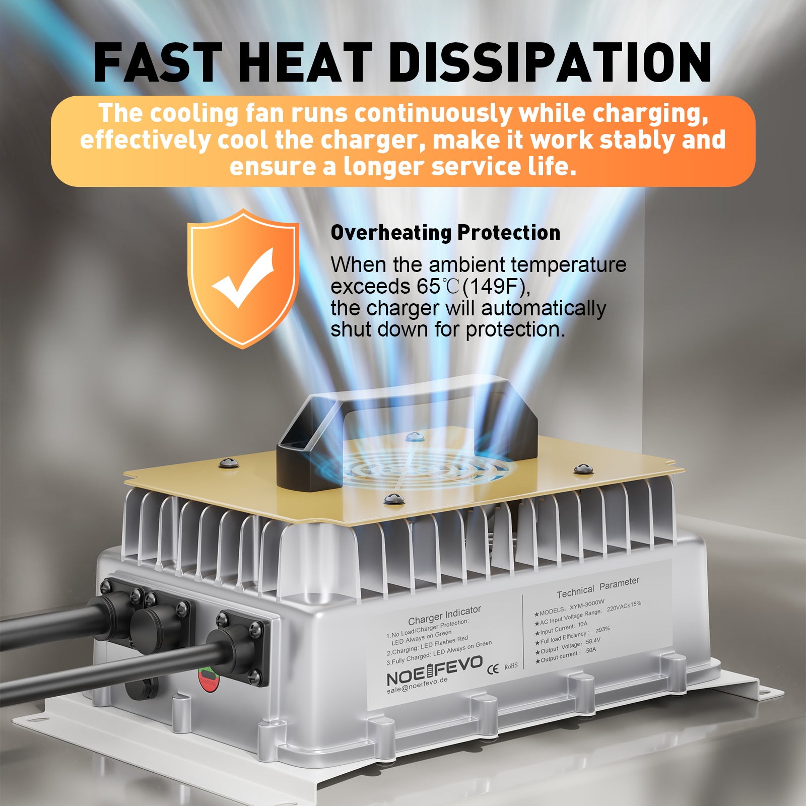  NOEIFEVO 58,4 V 50 A LiFePO4 Caricabatterie per batteria LiFePO4 51,2 V (48 V) 16S, impermeabile, 0 V BMS attivato