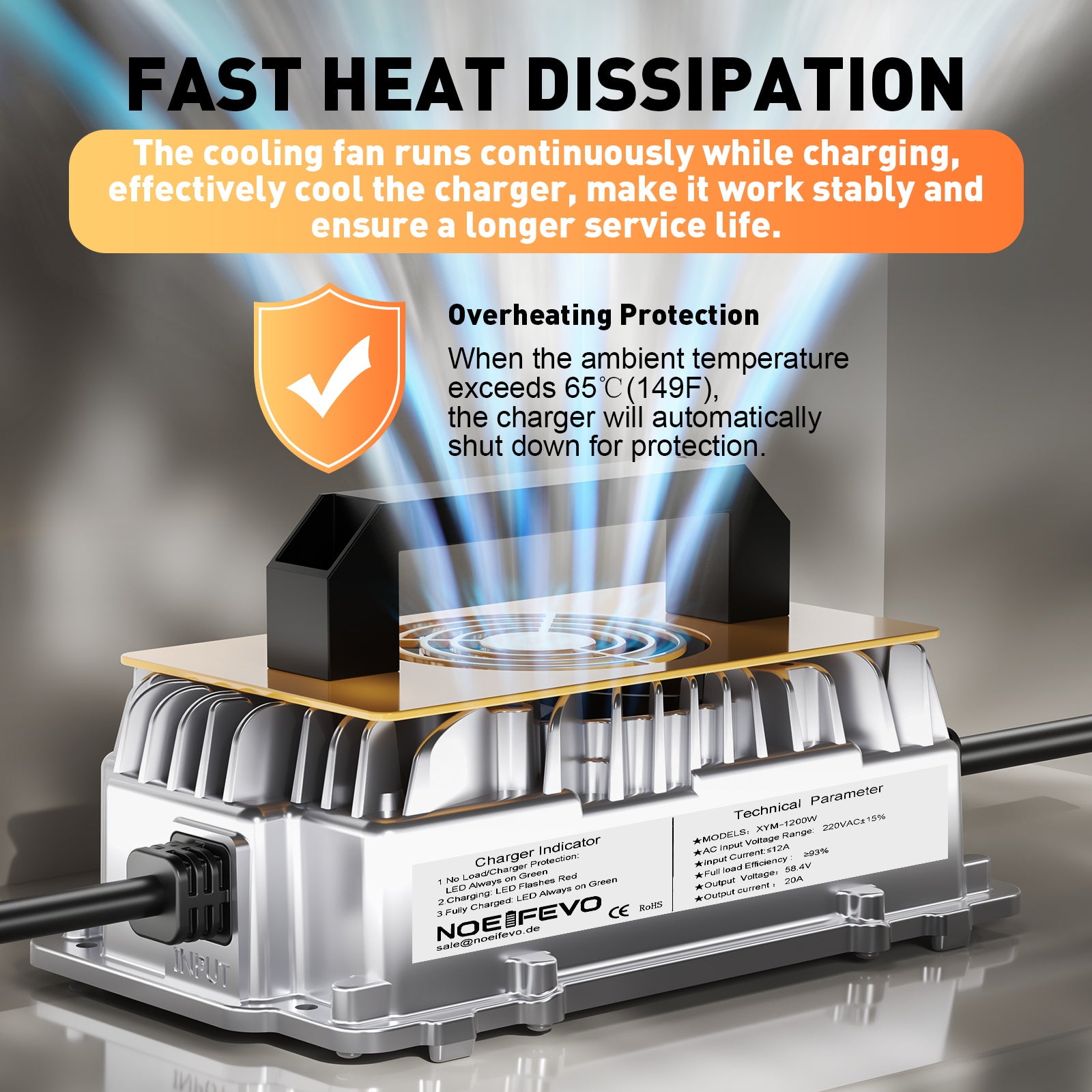 NOEIFEVO 58.4V 20A Lithium Lifepo4 batteriladdare för 48V (51.2V)16S batteri, vattentät, 0 V BMS aktivering, automatisk avstängning med fullt skydd