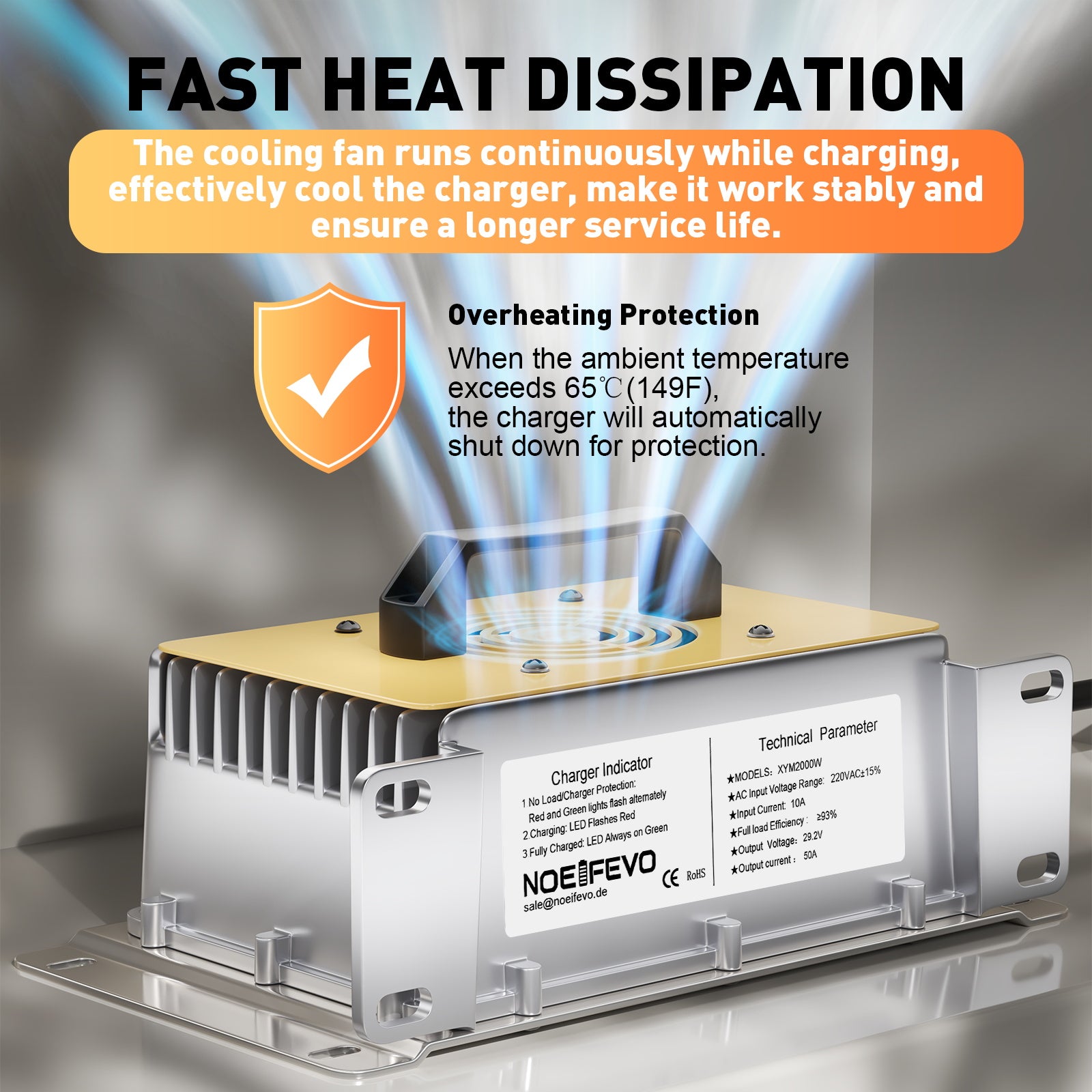NOEIFEVO 29,2V 50A snabbladdare för 24V 25,6V Litium LiFePO4-batteri, vattentätt, 0V BMS Aktivera