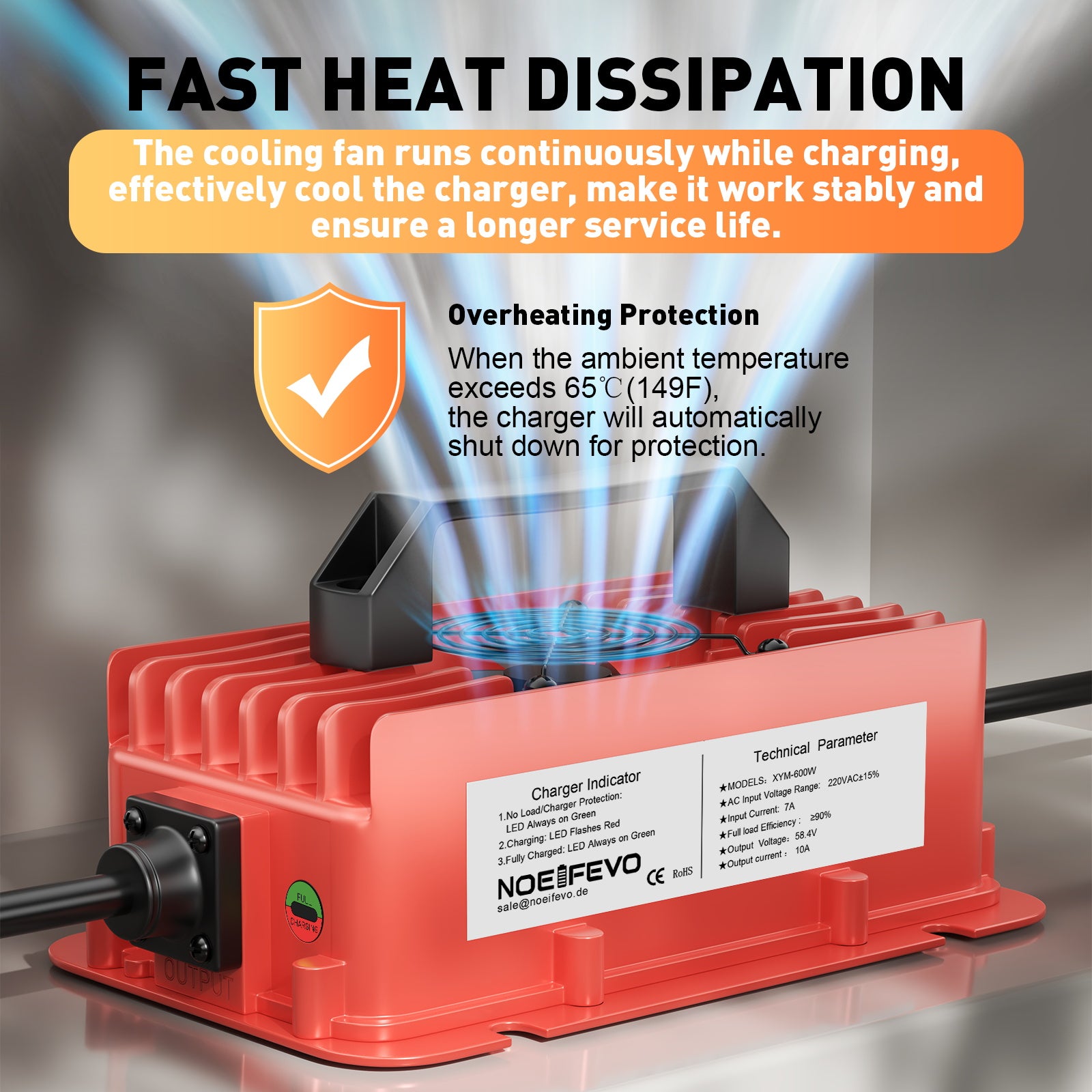  NOEIFEVO 58,4 V 10 A Ładowarka akumulatorów litowo-żelazowo-fosforanowych do akumulatorów 16S 51,2 V (48 V), wodoodporna, z automatycznym wyłączaniem i pełną ochroną