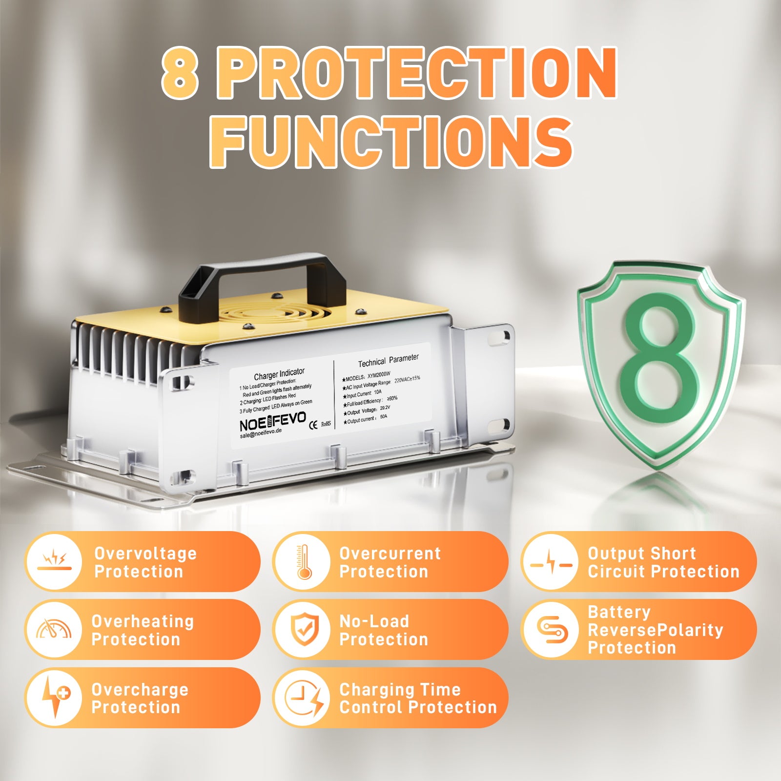 NOEIFEVO 29,2V 50A snabbladdare för 24V 25,6V Litium LiFePO4-batteri, vattentätt, 0V BMS Aktivera