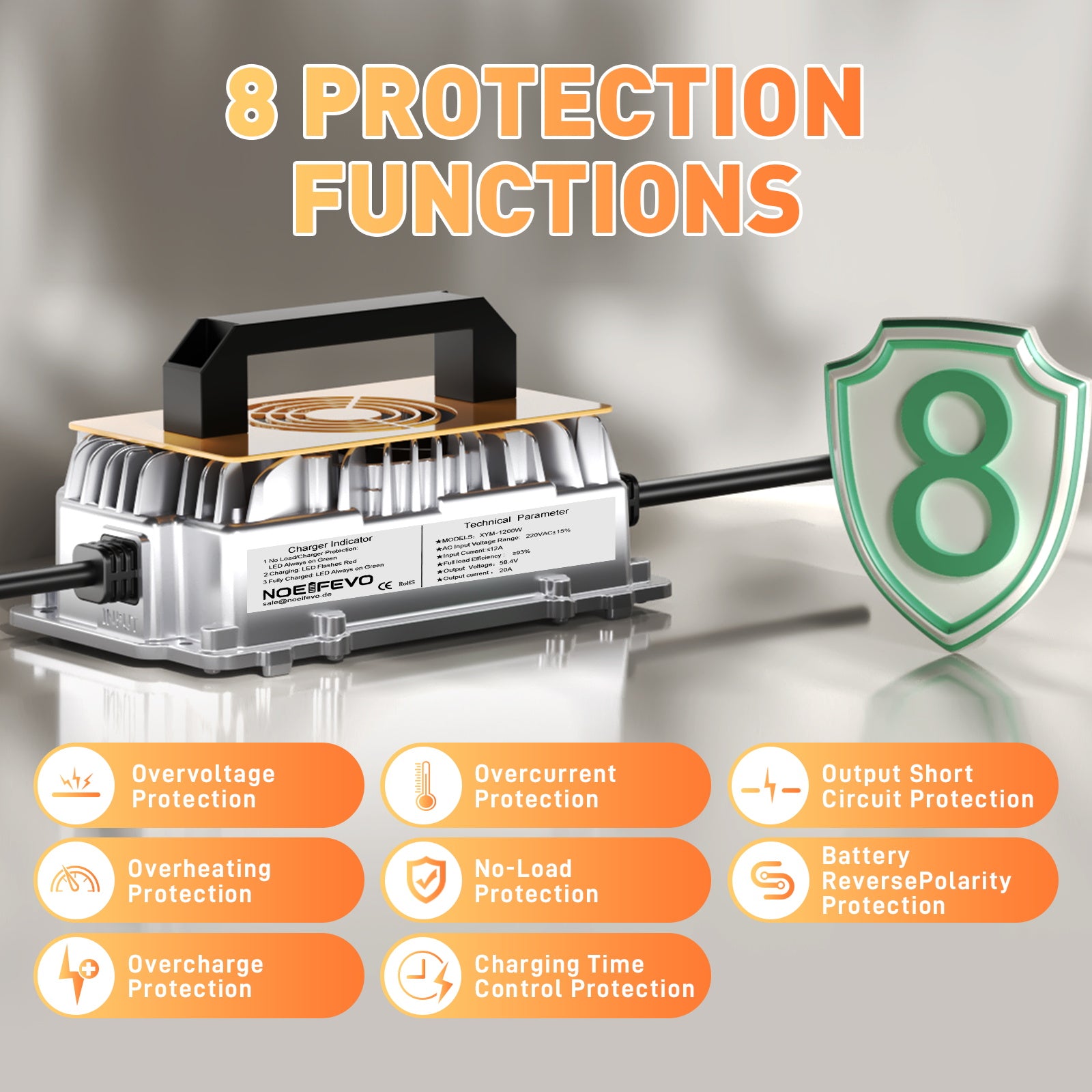 NOEIFEVO 58.4V 20A Lithium Lifepo4 batteriladdare för 48V (51.2V)16S batteri, vattentät, 0 V BMS aktivering, automatisk avstängning med fullt skydd