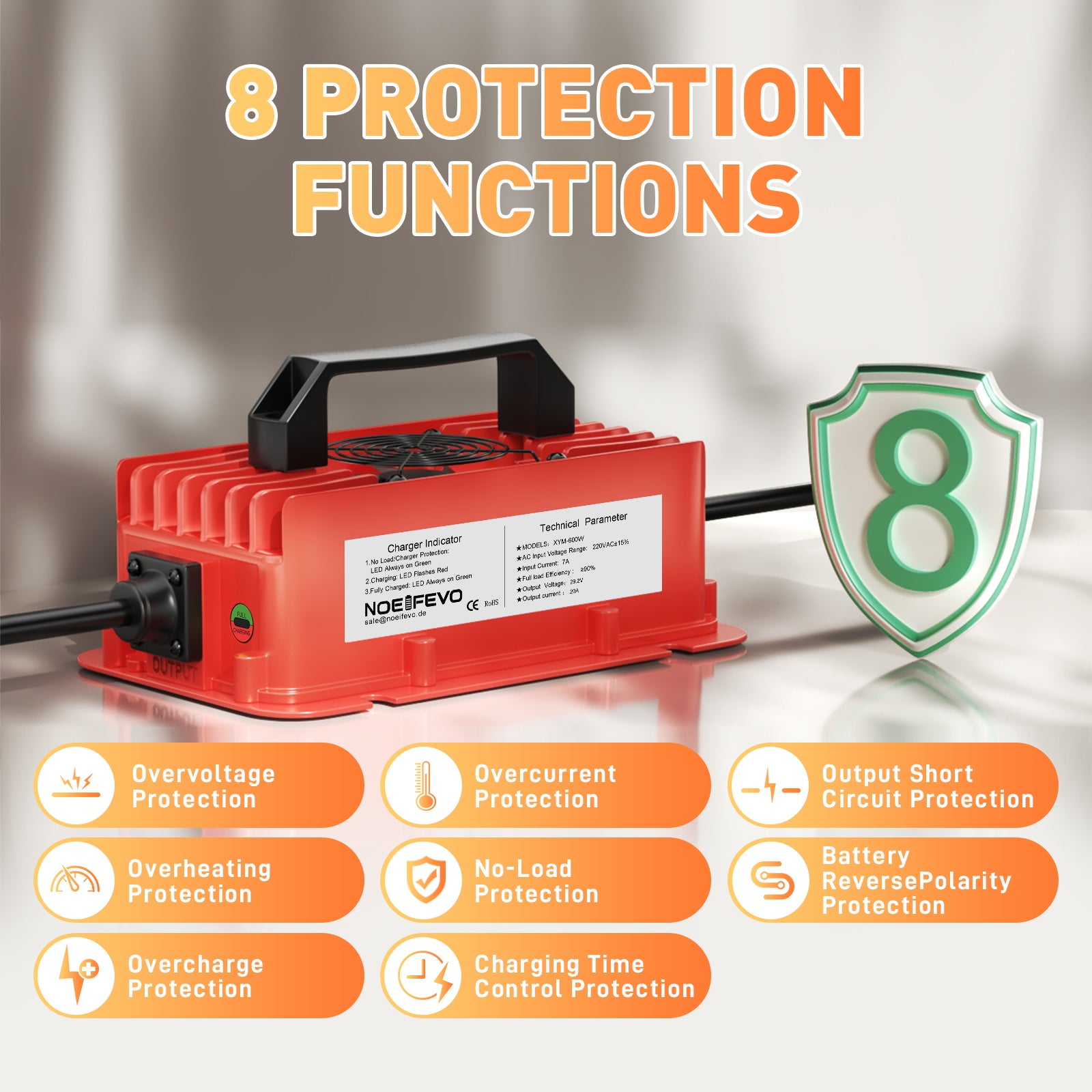 NOEIFEVO 29.2V 20A waterdichte LiFePO4-batterijlader voor 25.6V (24V) 8S lithiumbatterij, 0V BMS-activering, met volledige bescherming
​